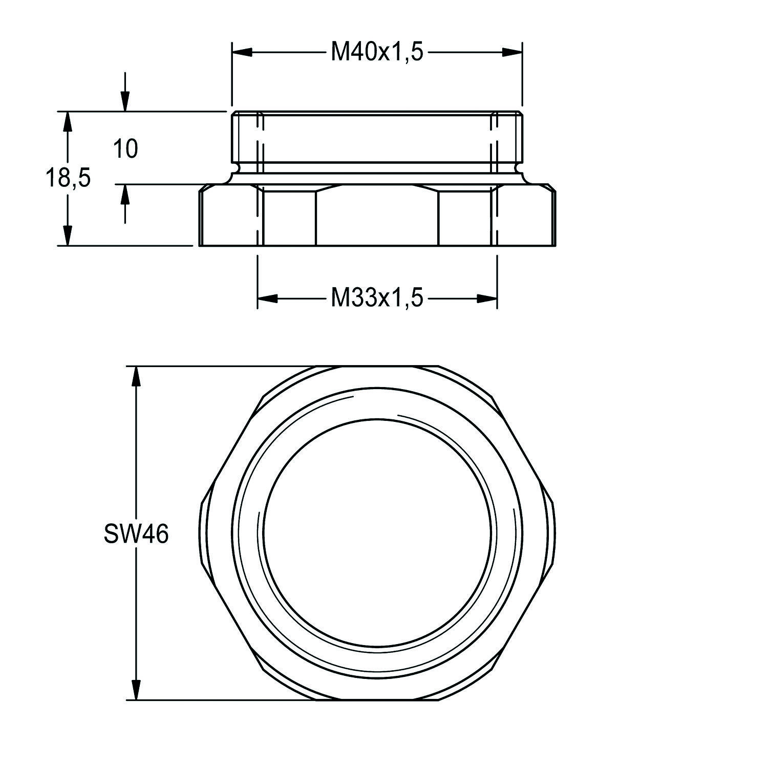 Technische Zeichnung einer Metallmutter mit Gewinde. Draufsicht zeigt Abmessungen M40x1,5 und M33x1,5, Seitenansicht zeigt Höhe und Gewindesteigungsdetails.