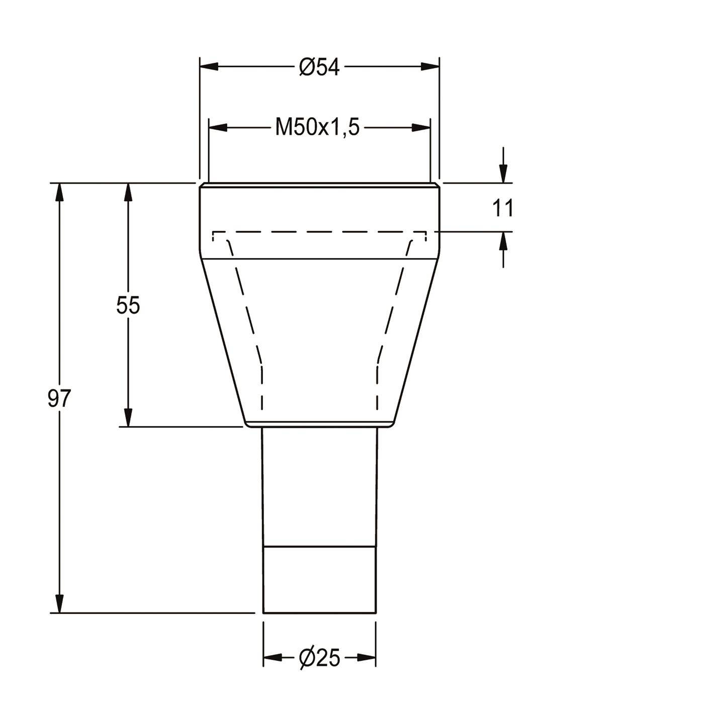 Technische Linienzeichnung eines konischen mechanischen Teils mit beschrifteten Abmessungen Ø54, M50x1,5, 11, 55, 97 und Ø25.