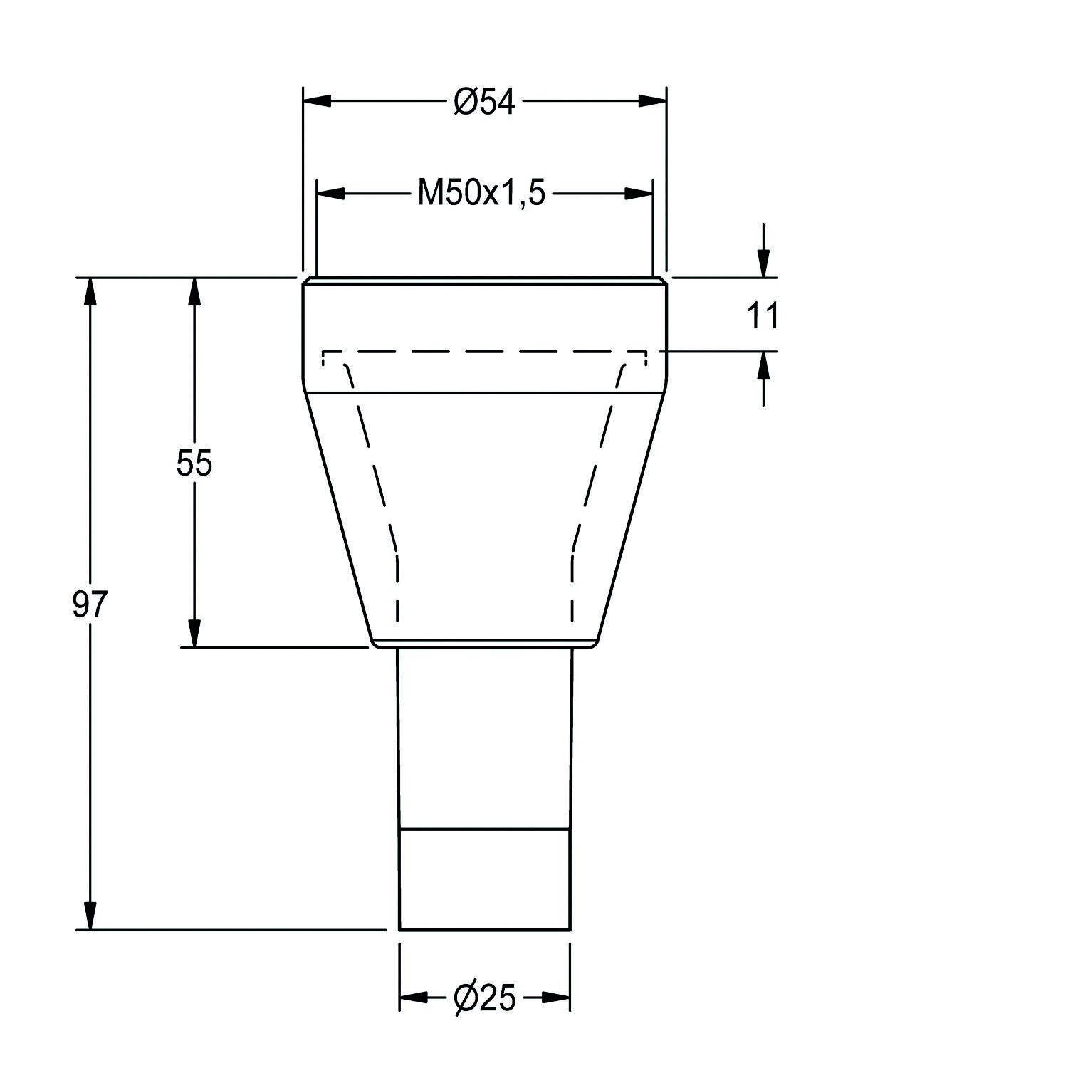 Technische Zeichnung eines konischen zylindrischen Bauteils mit Maßen: Gesamthöhe 97 mm, oberer Durchmesser 54 mm, unterer Durchmesser 25 mm und ein Gewindeabschnitt mit der Bezeichnung 'M50x1,5'.