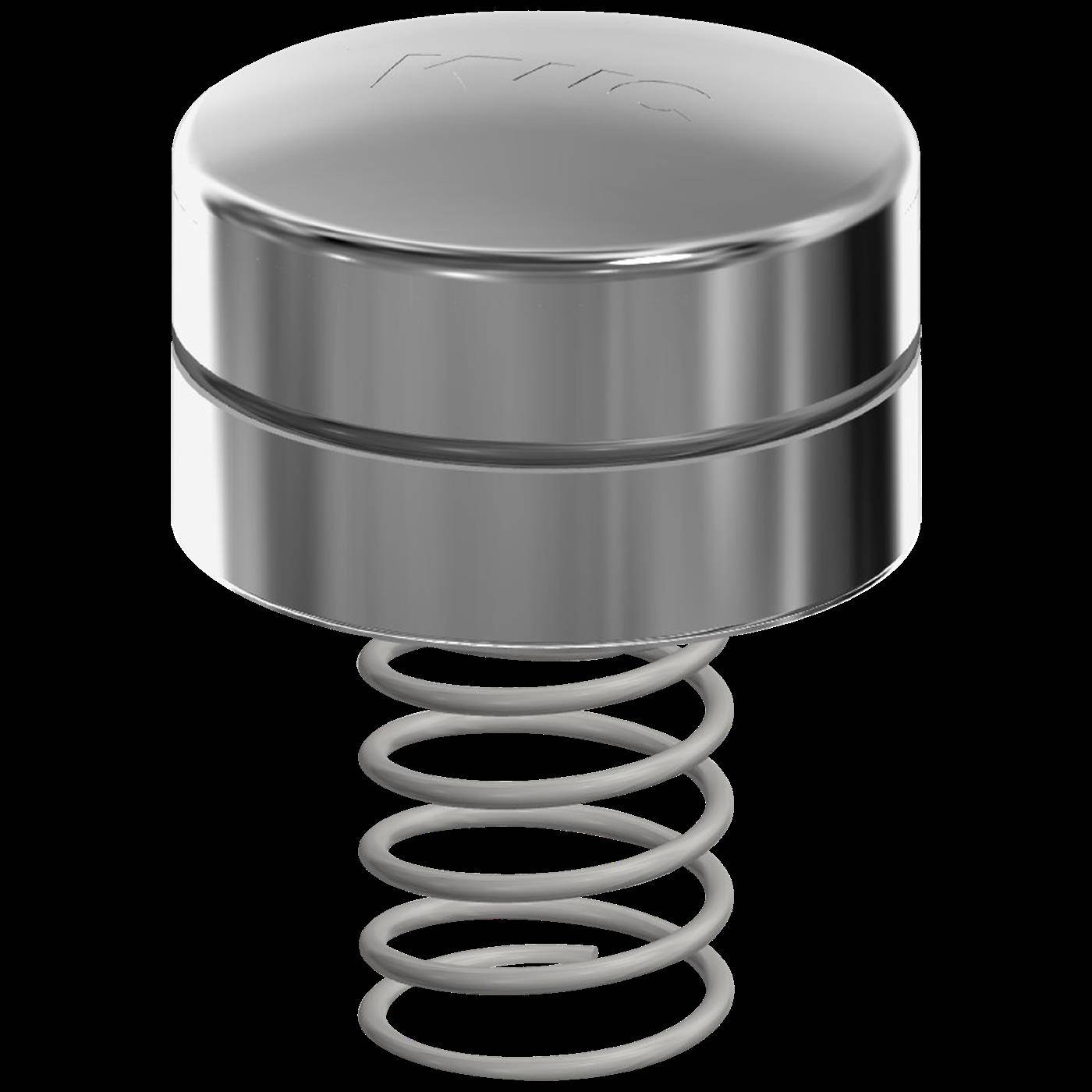 Metallischer Kolben oder Stempel mit aufgewickelter Feder darunter, isoliert auf schwarzem Hintergrund dargestellt.