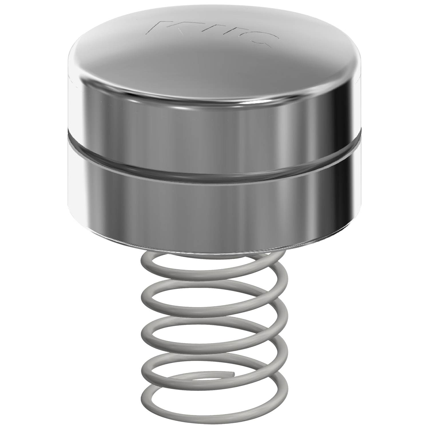 Ein zylindrisches Metallobjekt, das einem glänzenden Ventildeckel ähnelt, an einer Schraubenspiralfeder befestigt, vor einem einfarbig schwarzen Hintergrund.