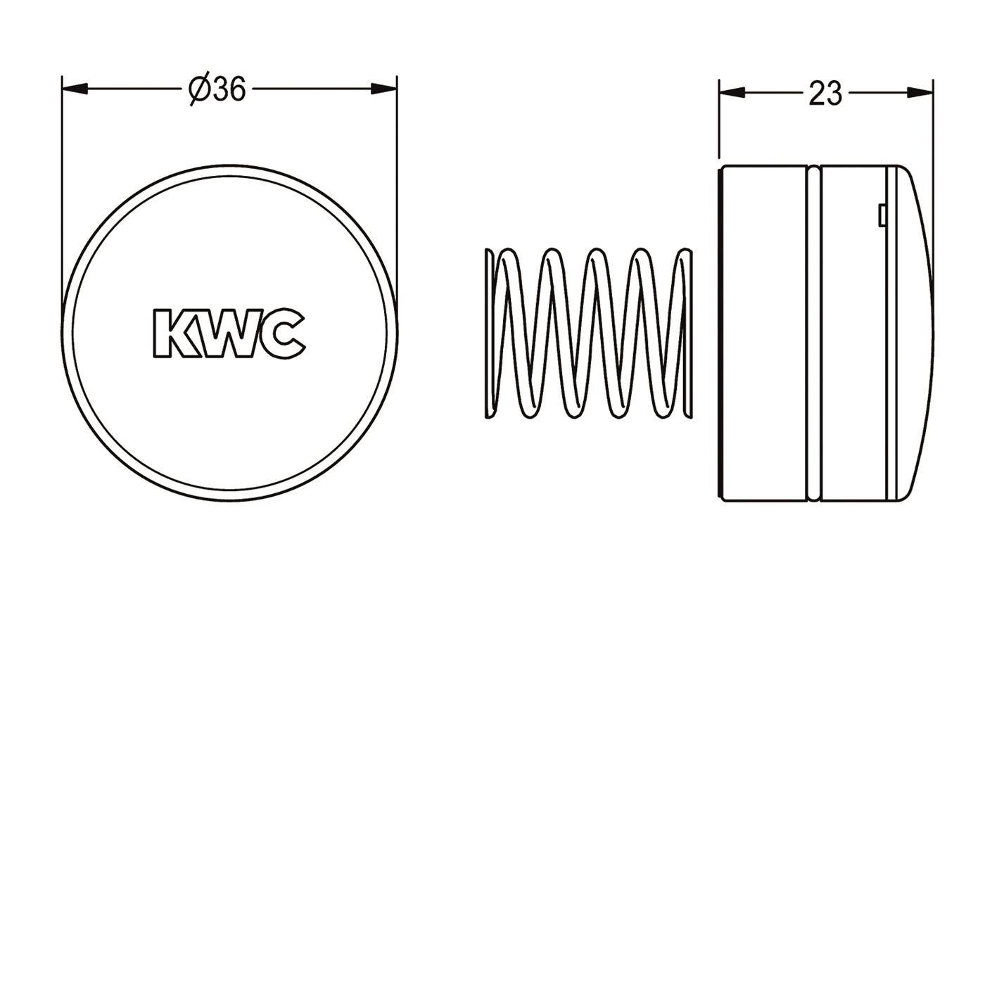 Technische Zeichnung eines runden KWC-Bauteils mit Feder, zeigt Frontdurchmesser 36 und Seitentiefe 23.