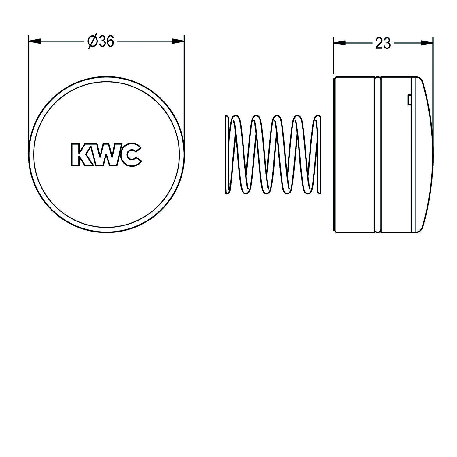 KWC' Ventilbaugruppediagramm, das eine kreisförmige Komponente mit einem Durchmesser von 36 mm, eine Feder und eine Schnittansicht mit einer Breite von 23 mm zeigt.
