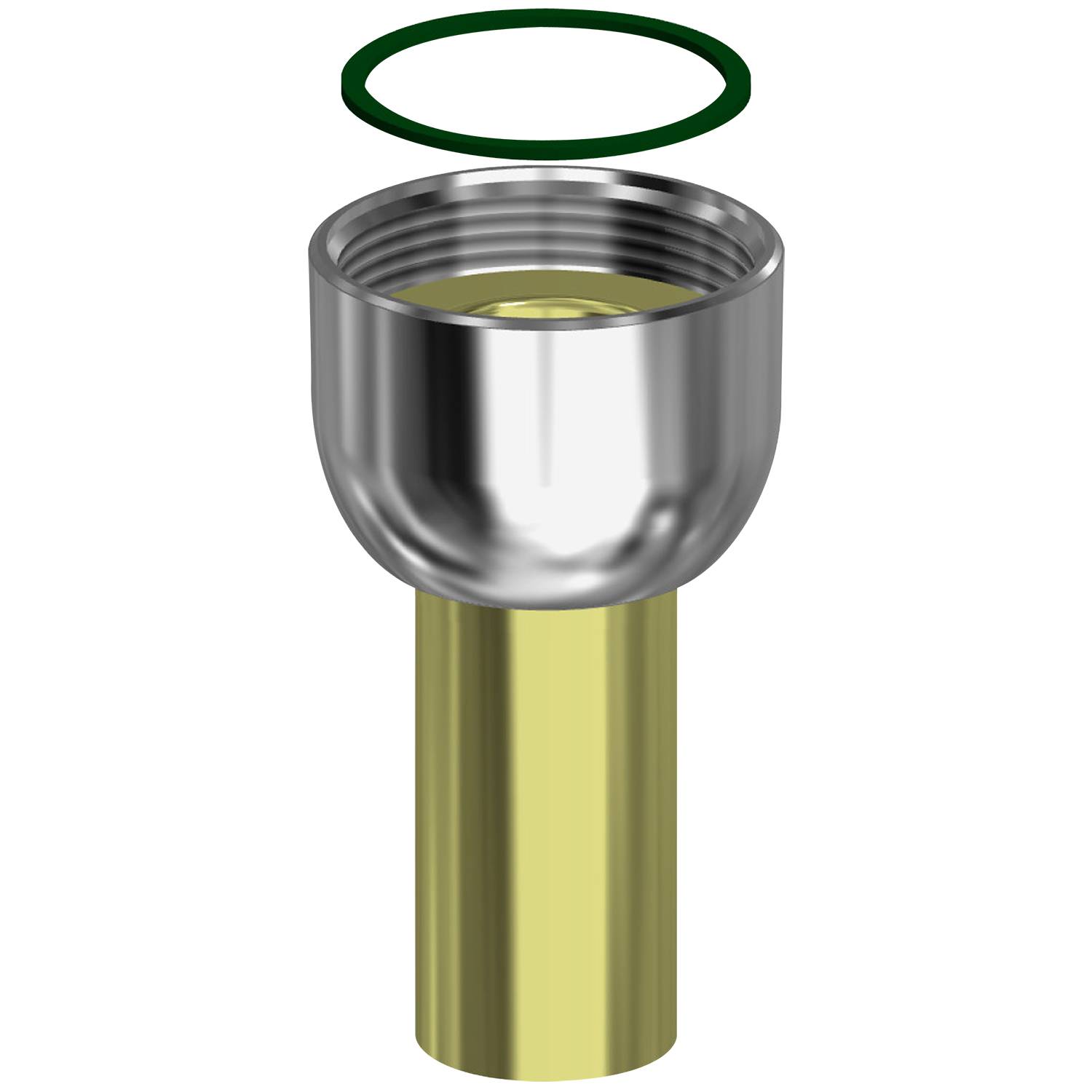 Ein metallisches zylindrisches Objekt mit einer breiten silbernen Öffnung oben und einem grünen Kreis darüber, das einem Rohr oder einer Rohranschlusskomponente ähnelt.