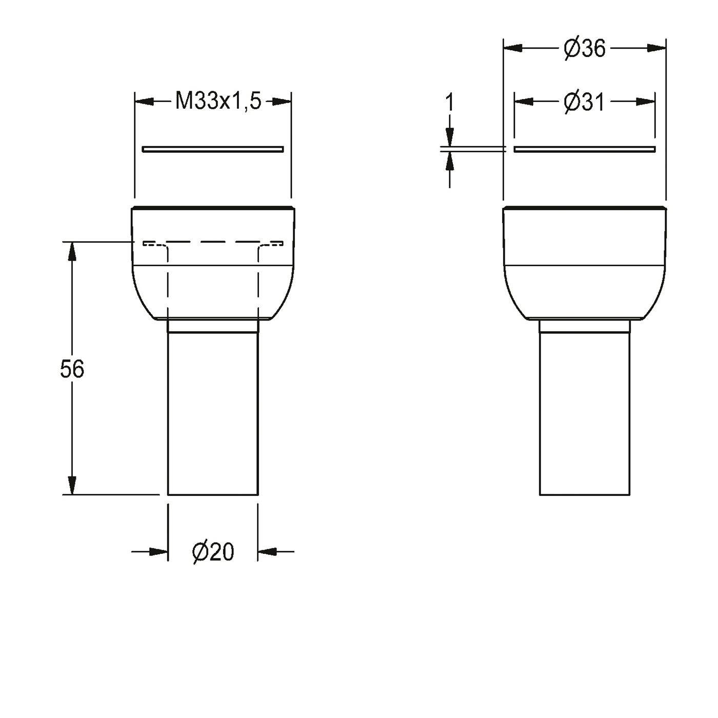 Technische Zeichnung eines zylindrischen Teils mit beschrifteten Abmessungen M33x1,5, 56, ø20, ø36 und ø31, dargestellt in Vorder- und Seitenansicht.