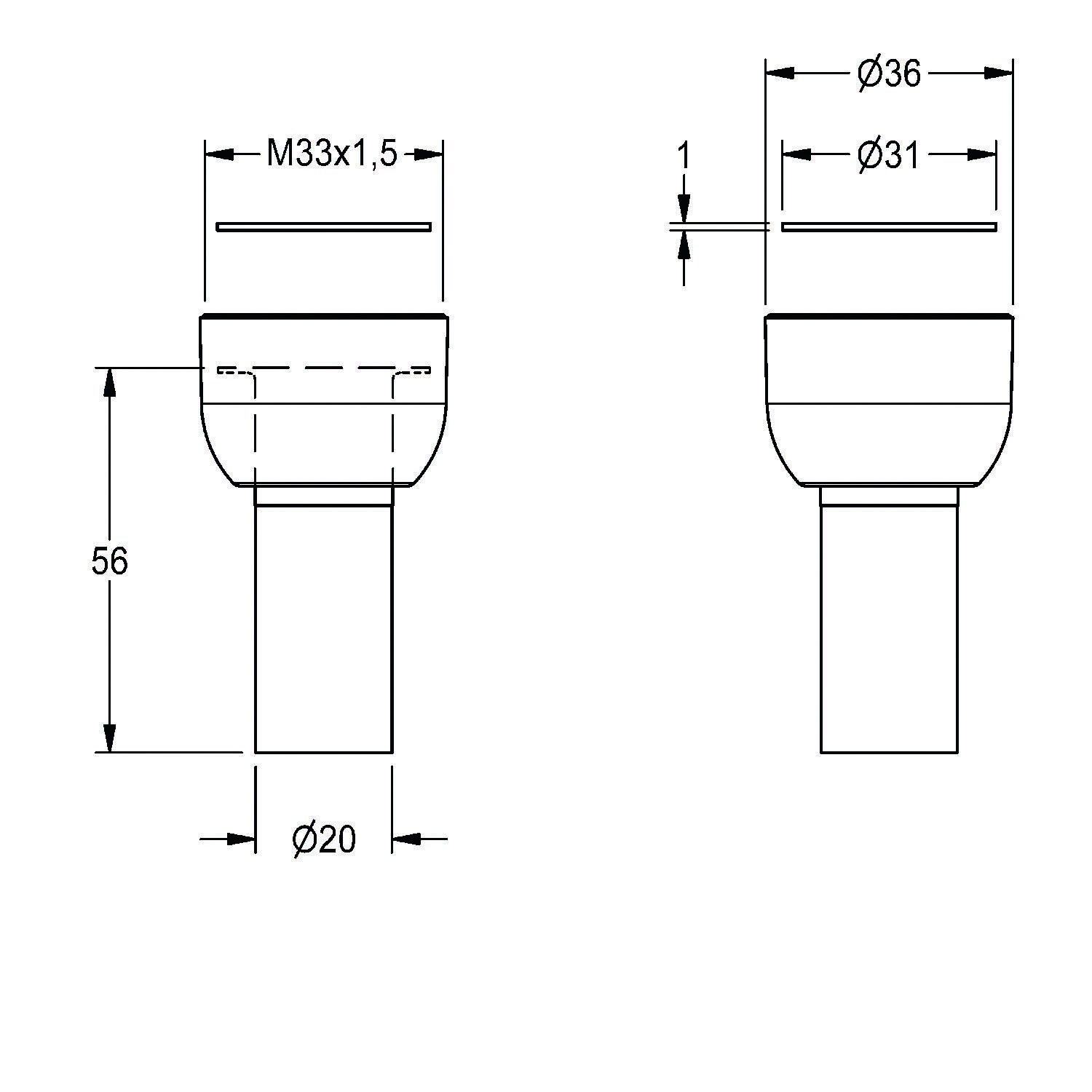 Technische Zeichnung einer zylindrischen Komponente mit Abmessungen: Höhe 56 mm, Durchmesser 30 mm und 31 mm in einem anderen Segment, Gewinde M33x1,5.