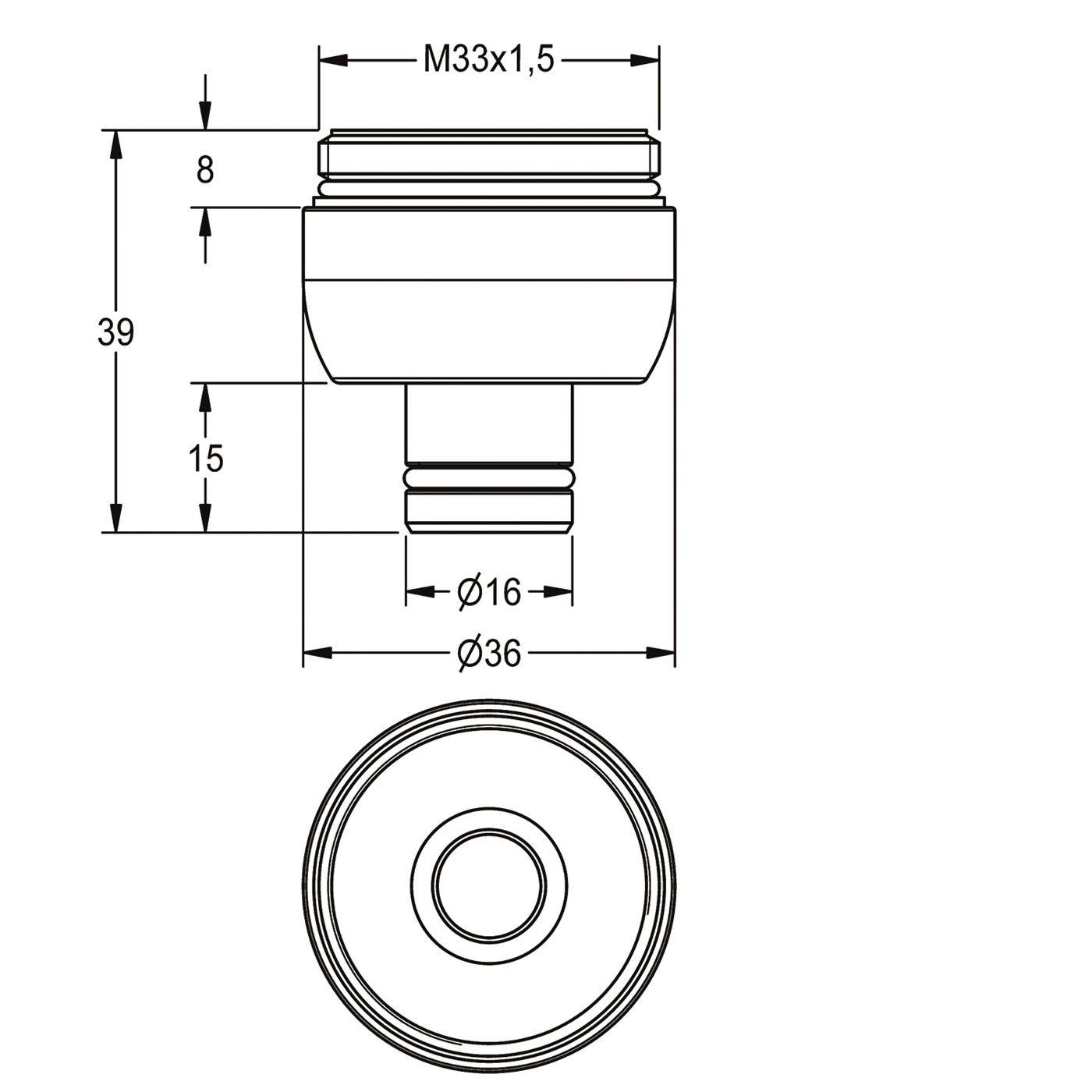Technische Zeichnung eines geschraubten zylindrischen Teils, das Front- und Draufsicht mit Abmessungen M33x1.5, 39, 36, 16, 15 und 8 mm zeigt.