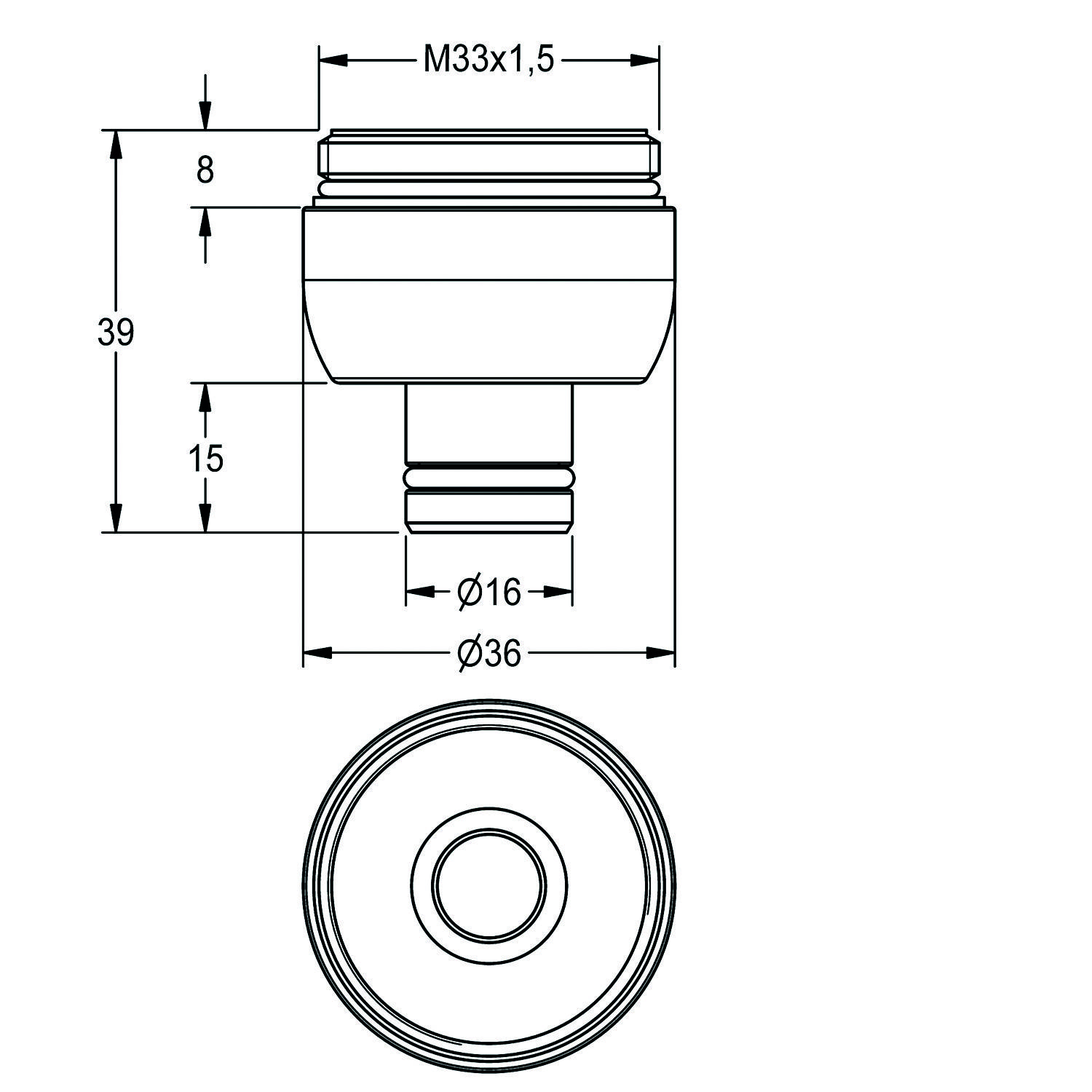 Technische Zeichnung einer zylindrischen Komponente mit Maßen: oberer Durchmesser 36 mm, unterer Durchmesser 16 mm, Höhe 39 mm, mit Gewinde 'M33x1,5'.