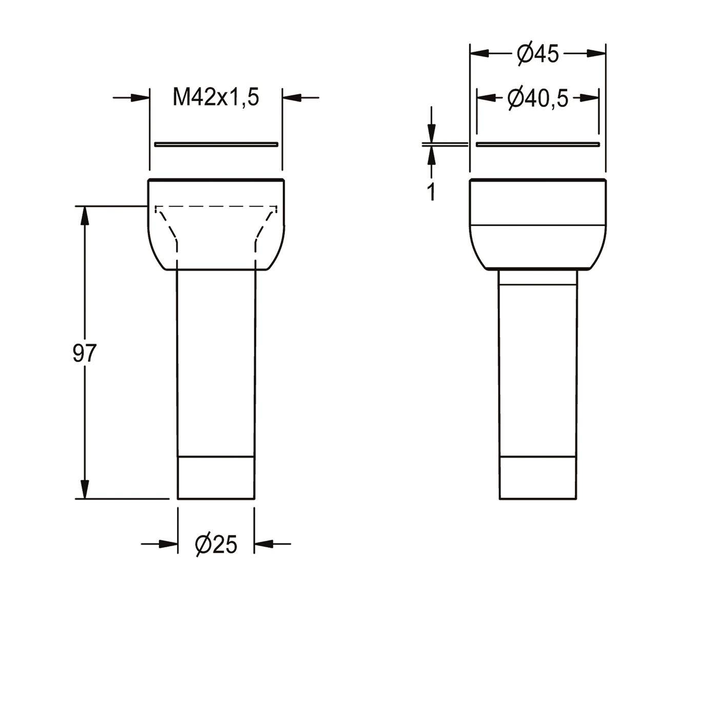 Technische Zeichnung einer Schraube oder eines Befestigungselements mit Abmessungen: M42x1,5 Obergewinde, 97 mm Länge, 25 mm Schaftdurchmesser und Kopfdurchmesser von 45 mm und 40,5 mm.
