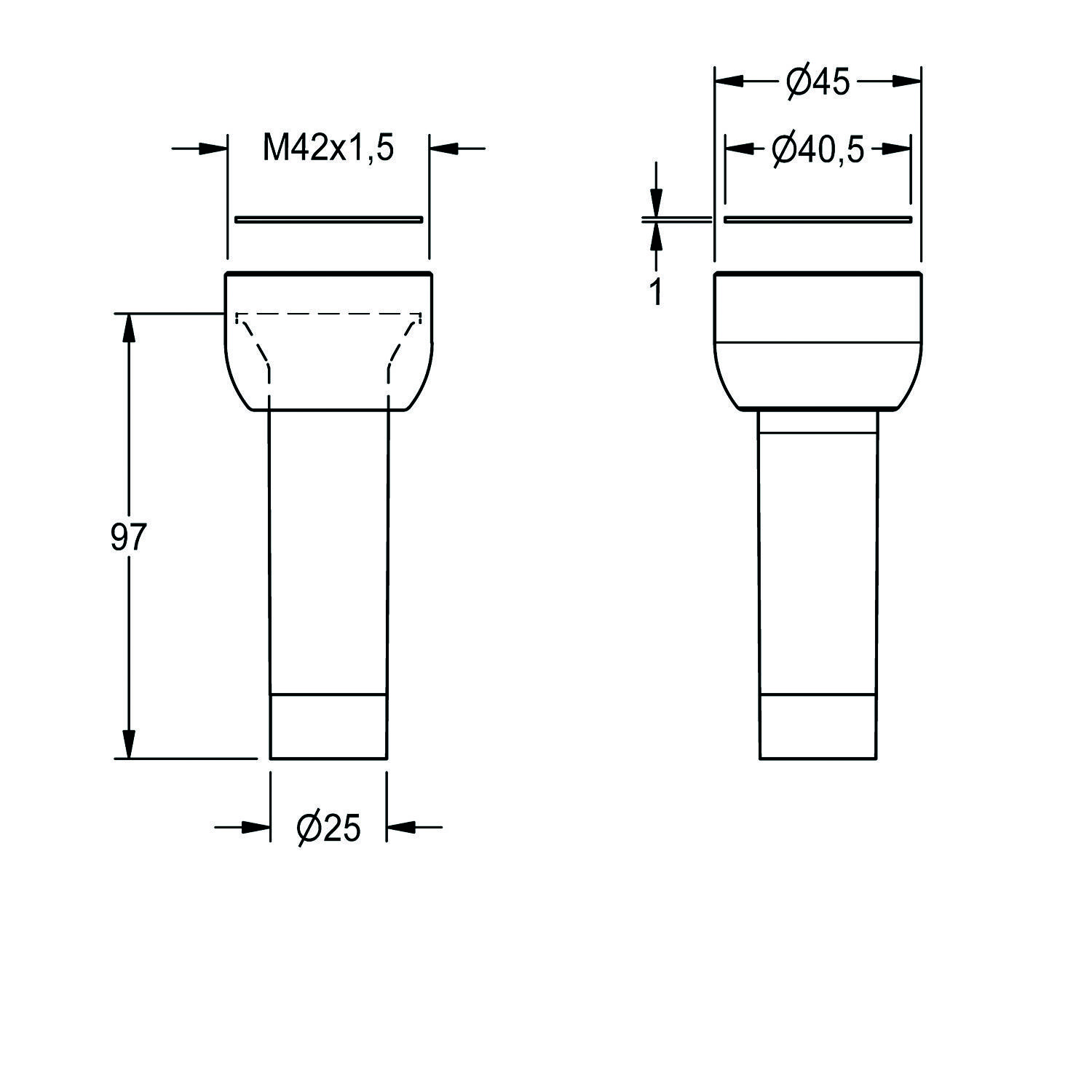 Technische Zeichnung eines zylindrischen Objekts mit einem Durchmesser oben von Ø45, einem Durchmesser unten von Ø25, einer Höhe von 97 und einer Gewindebezeichnung M42x1,5.