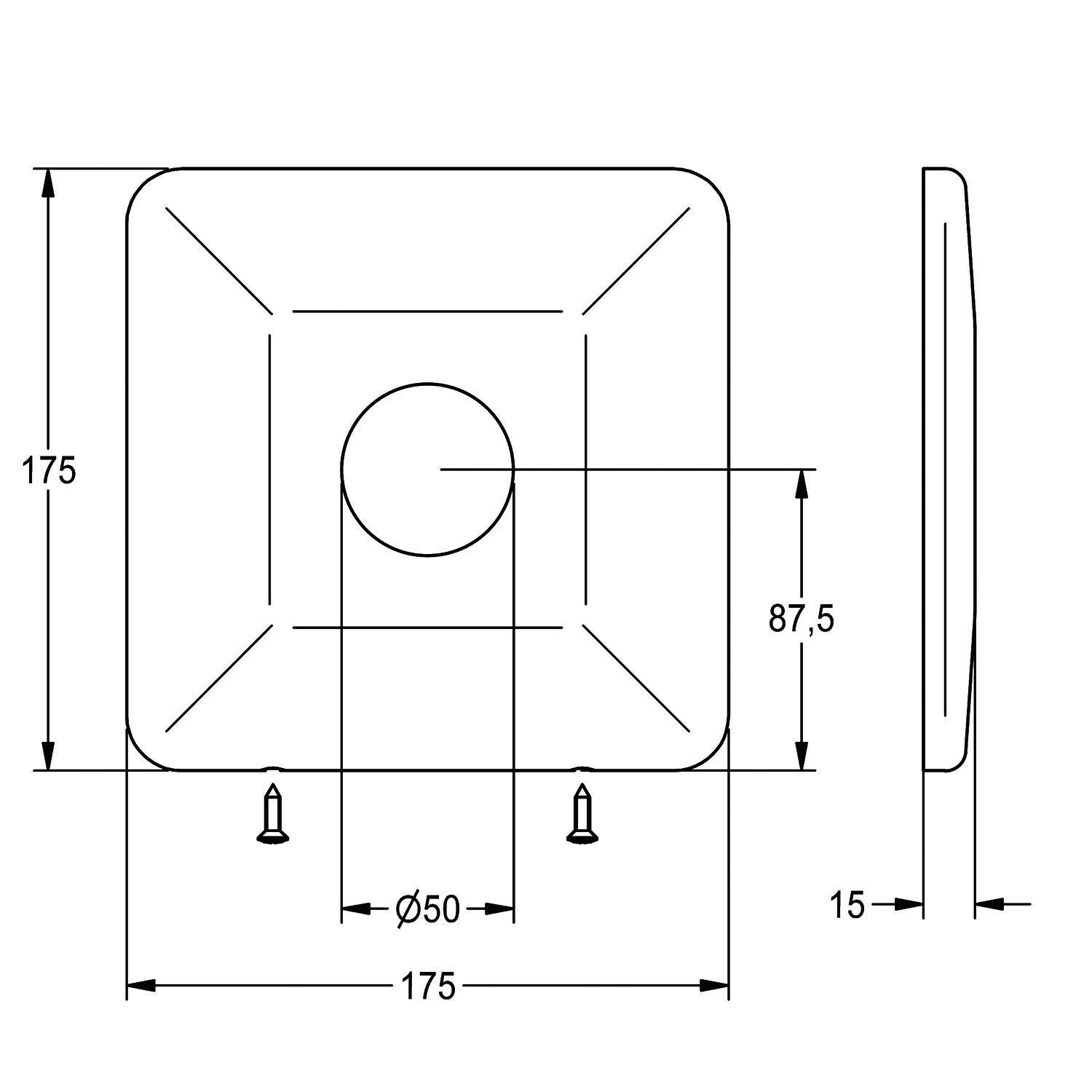 Quadratische Lüftungsabdeckung mit Abmessungen: 175 mm breit bei 15 mm Tiefe, zentrale Kreisöffnung mit Durchmesser 50 mm, die 87,5 mm vom oberen Rand positioniert ist.