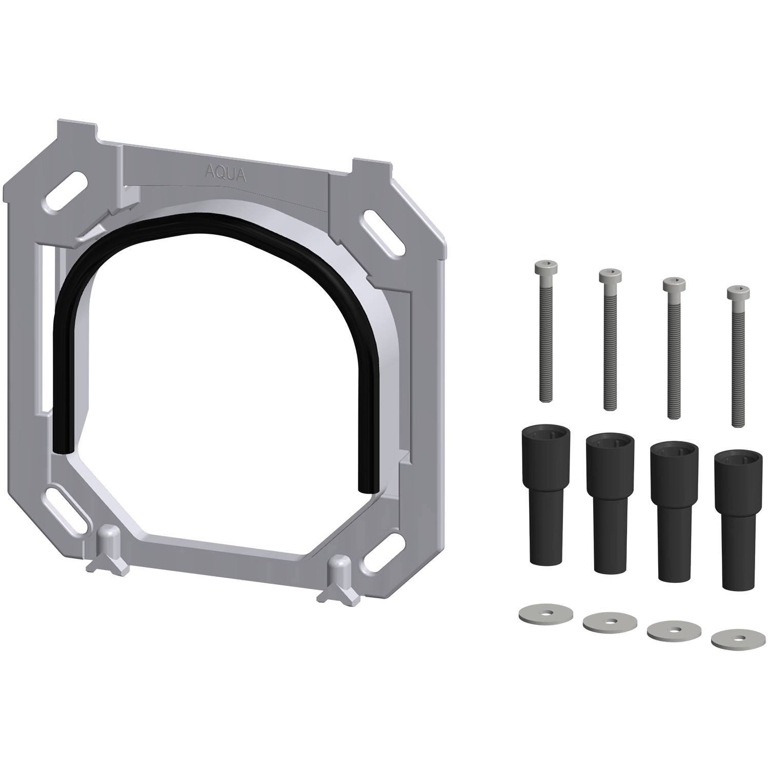 Ein 'Aqua' Metallhalterungsset mit vier Schrauben, vier Abstandshaltern und vier Unterlegscheiben auf schwarzem Hintergrund.