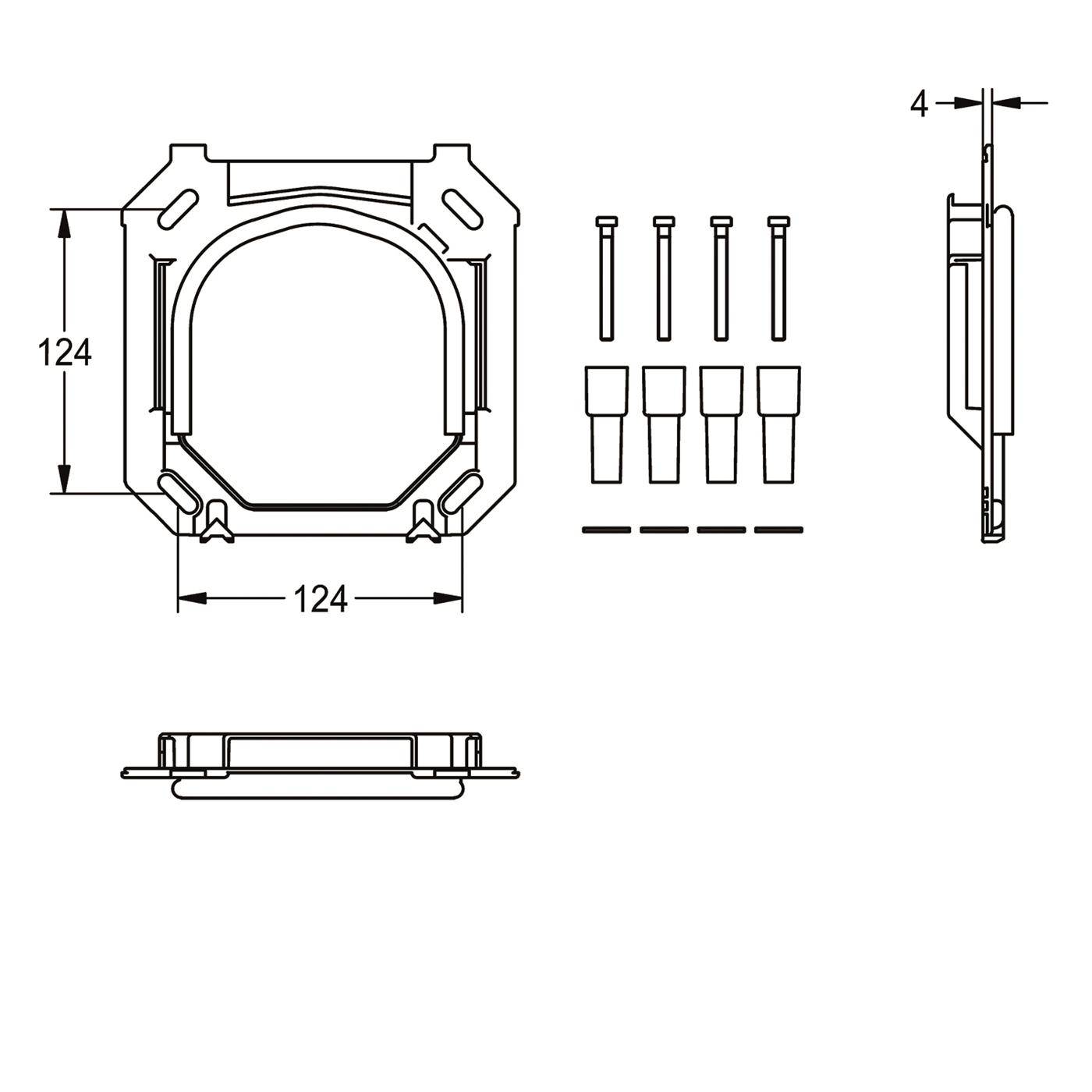 Technische Zeichnung einer quadratischen Komponente mit abgerundeter innerer Öffnung, dargestellt in Vorder-, Seiten- und Unteransicht; Abmessungen 124 mal 124 und 4 mm, mit vier Befestigungselementen enthalten.