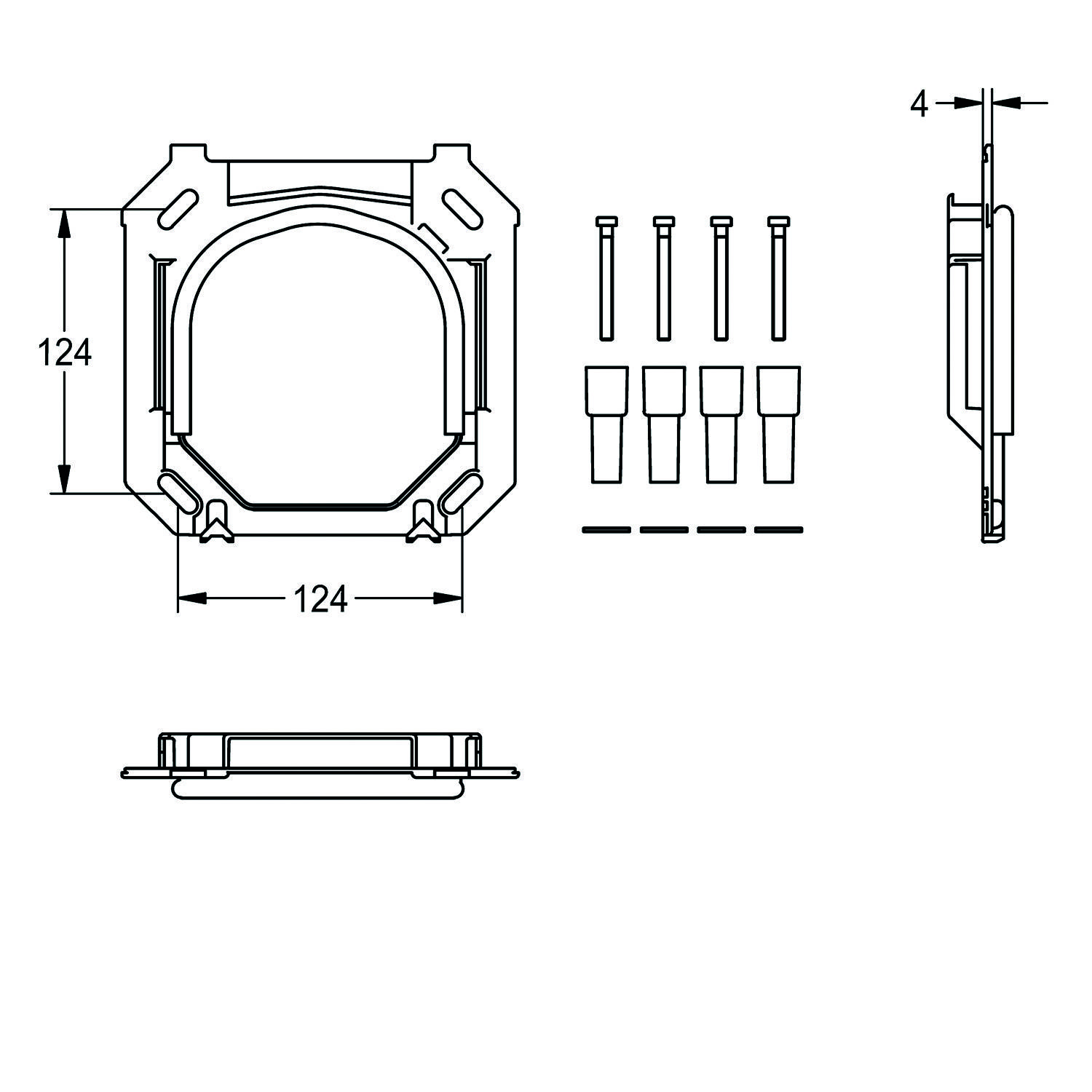 Technische Zeichnung eines quadratischen Objekts mit den Abmessungen 124x124 und einer Seitenansichtshöhe von 4. Enthält fünf identische nadelförmige Komponenten.