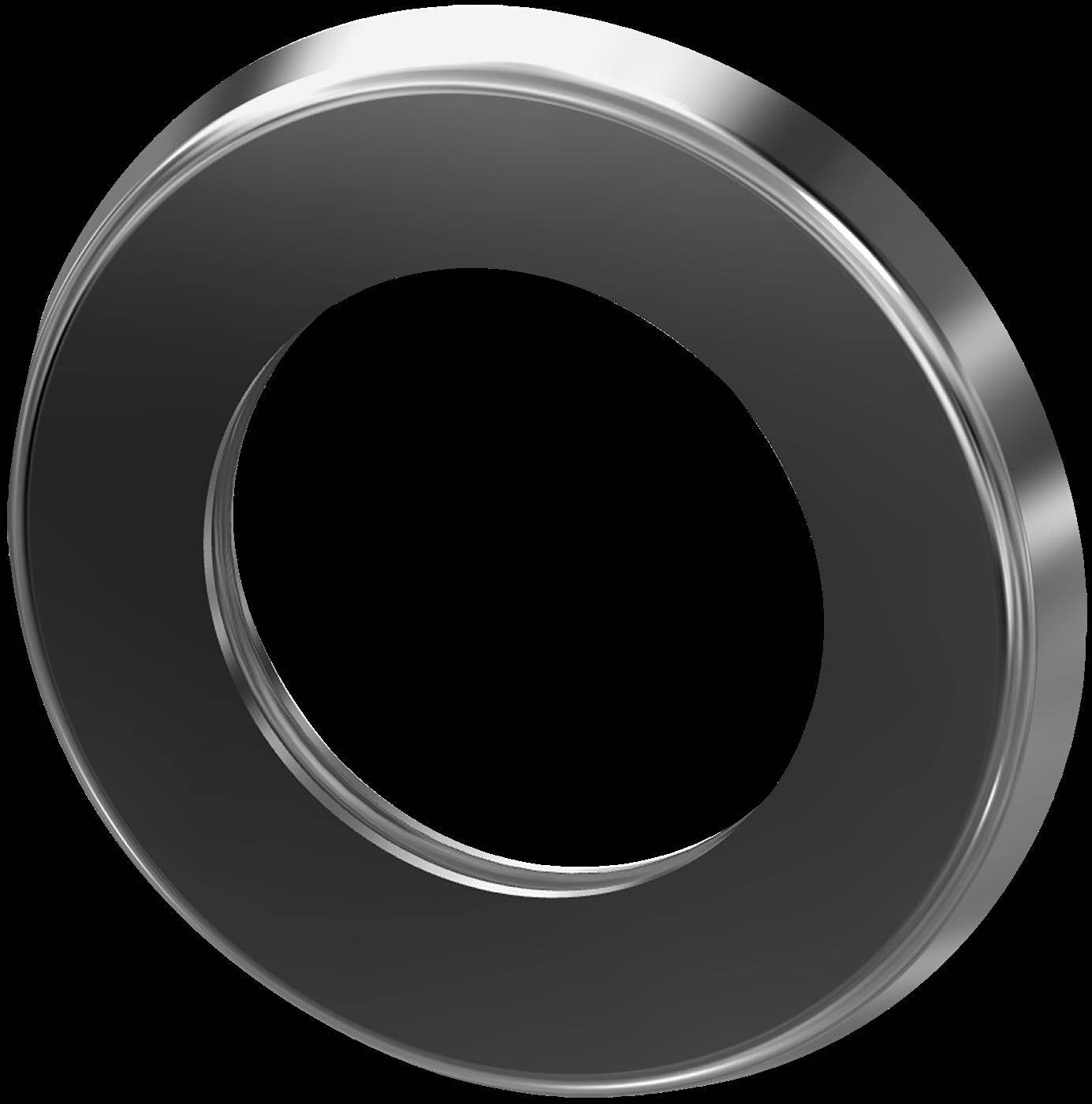 Ein metallischer silberner Ring oder Unterlegscheibe mit einer großen kreisförmigen Mittelöffnung auf dunklem Hintergrund.