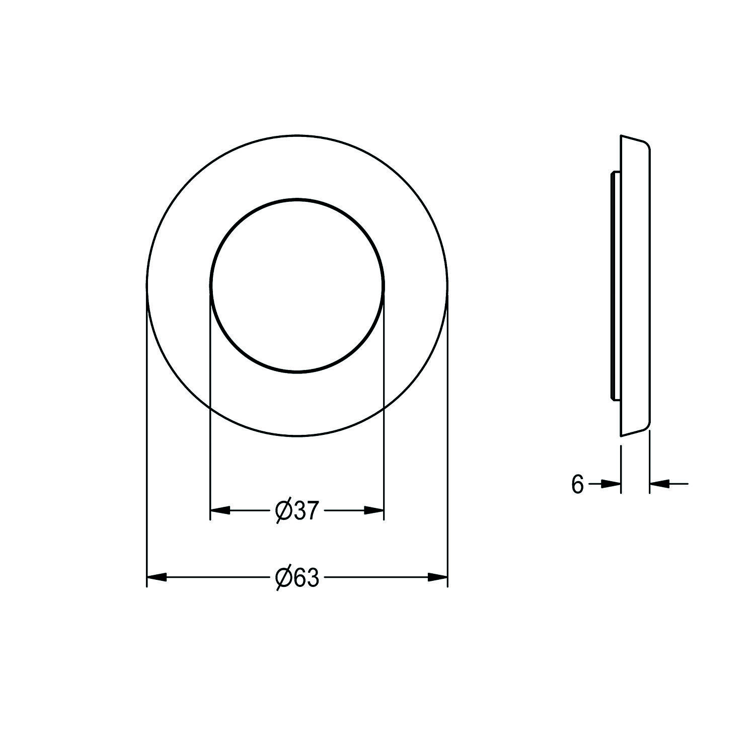 Technische Zeichnung einer kreisförmigen Scheibe mit Vorder- und Seitenansicht. Maße sind beschriftet: Frontdurchmesser beträgt 63 mm und innerer Kreis ist 37 mm; Dicke beträgt 6 mm.