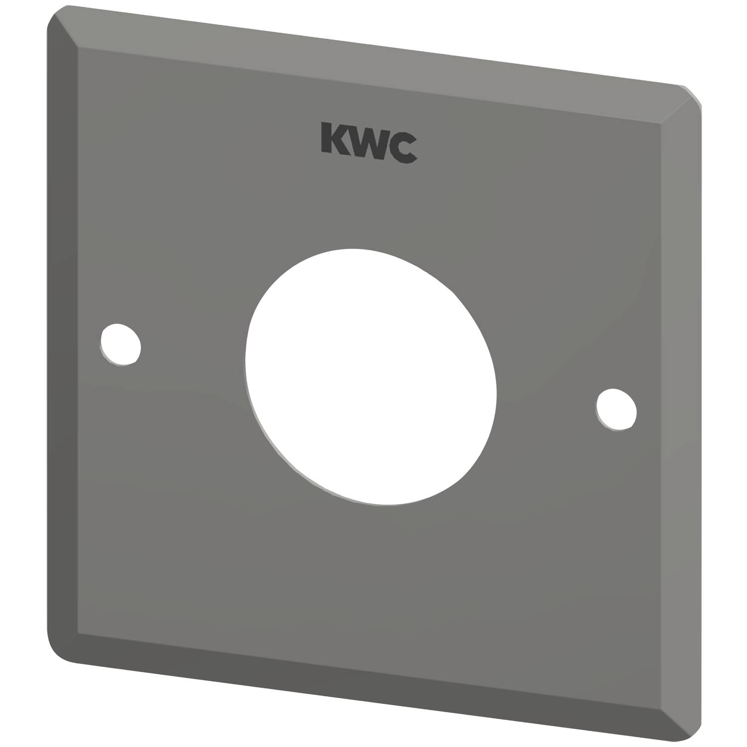 Das Bild zeigt eine graue quadratische Montageplatte mit einem zentralen kreisförmigen Loch und zwei kleineren seitlichen Löchern, die oben mit 'KWC' beschriftet ist.