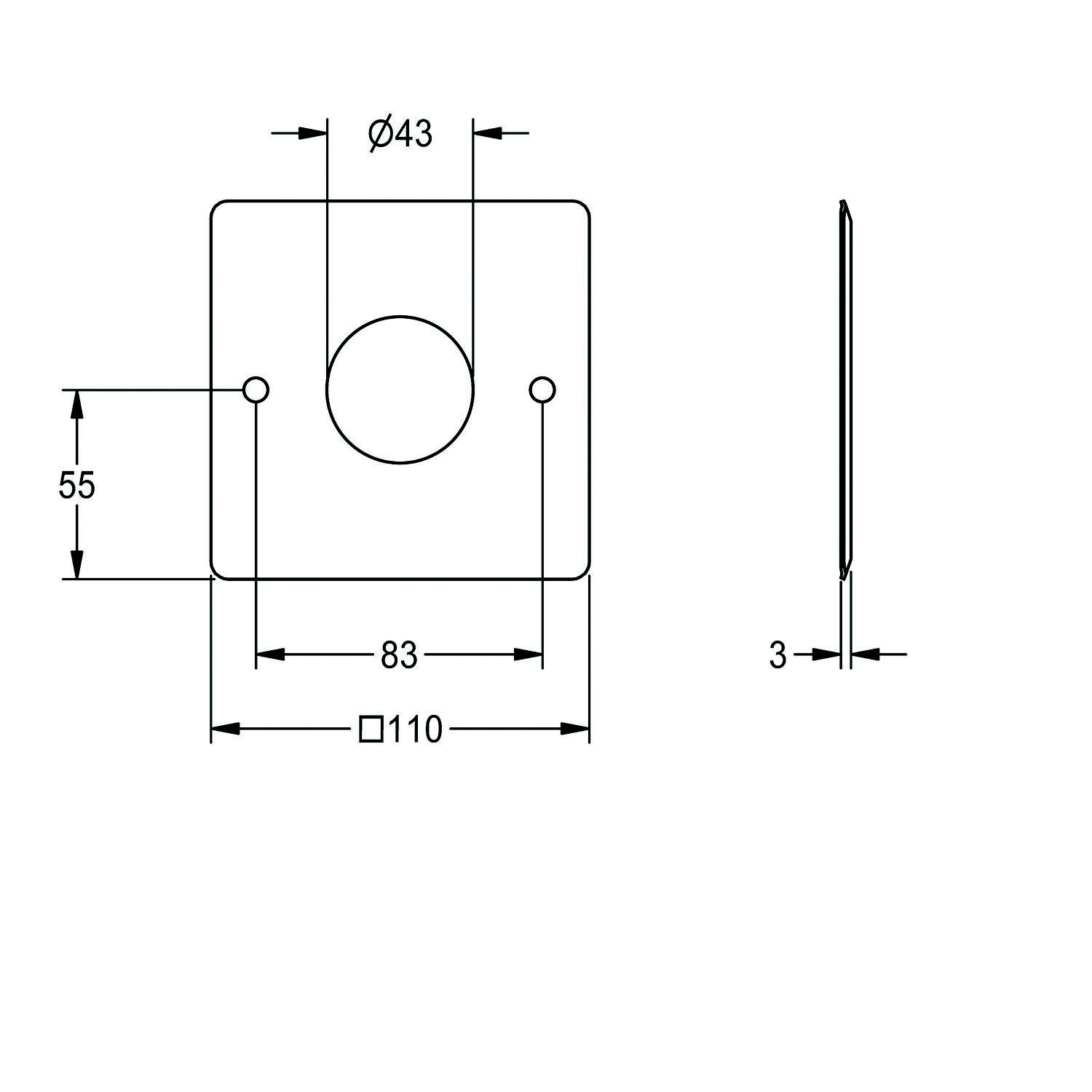 Technische Zeichnung einer quadratischen Metallplatte mit einem großen zentralen Loch von 43 mm Durchmesser. Zwei kleinere Löcher sind horizontal ausgerichtet, und eine Dicke von 3 mm ist in der Seitenansicht dargestellt.