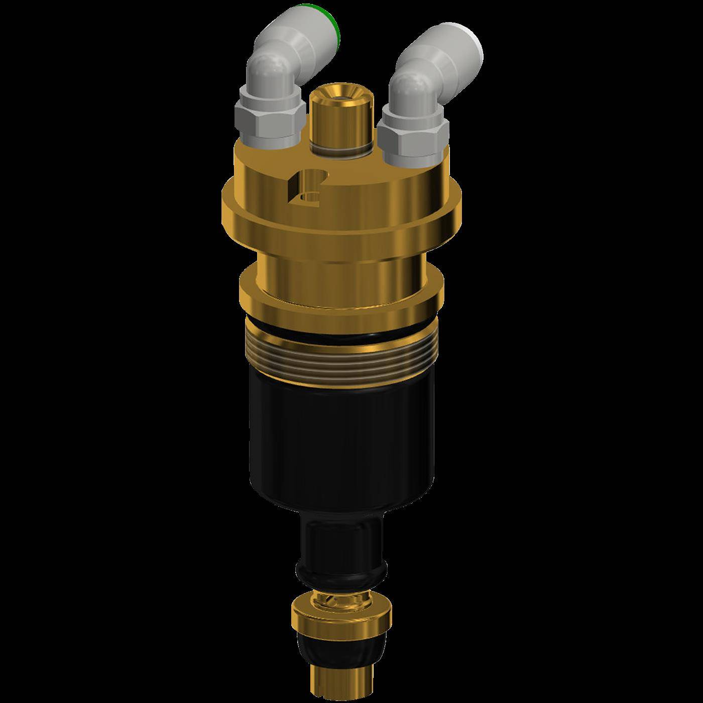 3D-Darstellung eines messing- und schwarzfarbigen zylindrischen mechanischen Filters oder Separators mit zwei grauen Bogenfittings oben vor schwarzem Hintergrund.