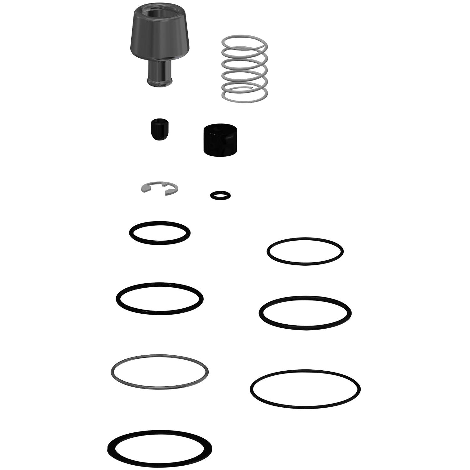 Explosionszeichnung eines mechanischen Bauteils mit einem Knopf, einer Feder, Befestigungselementen und mehreren übereinander angeordneten kreisförmigen Ringen.