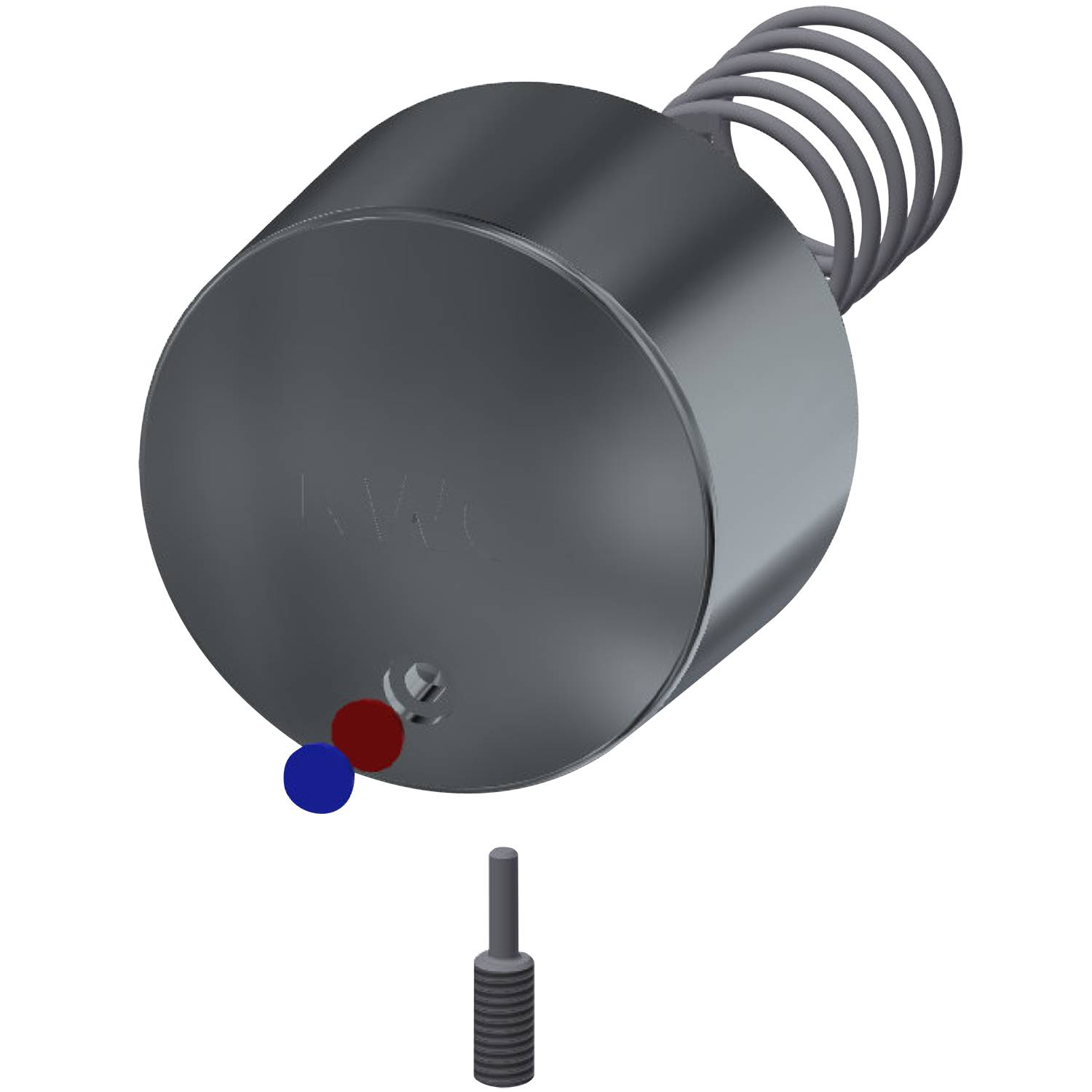 Ein metallisches zylindrisches Gerät mit einer Schraubenfeder oben und zwei kleinen farbigen Kugeln (blau und rot) in der Nähe des unteren Endes.