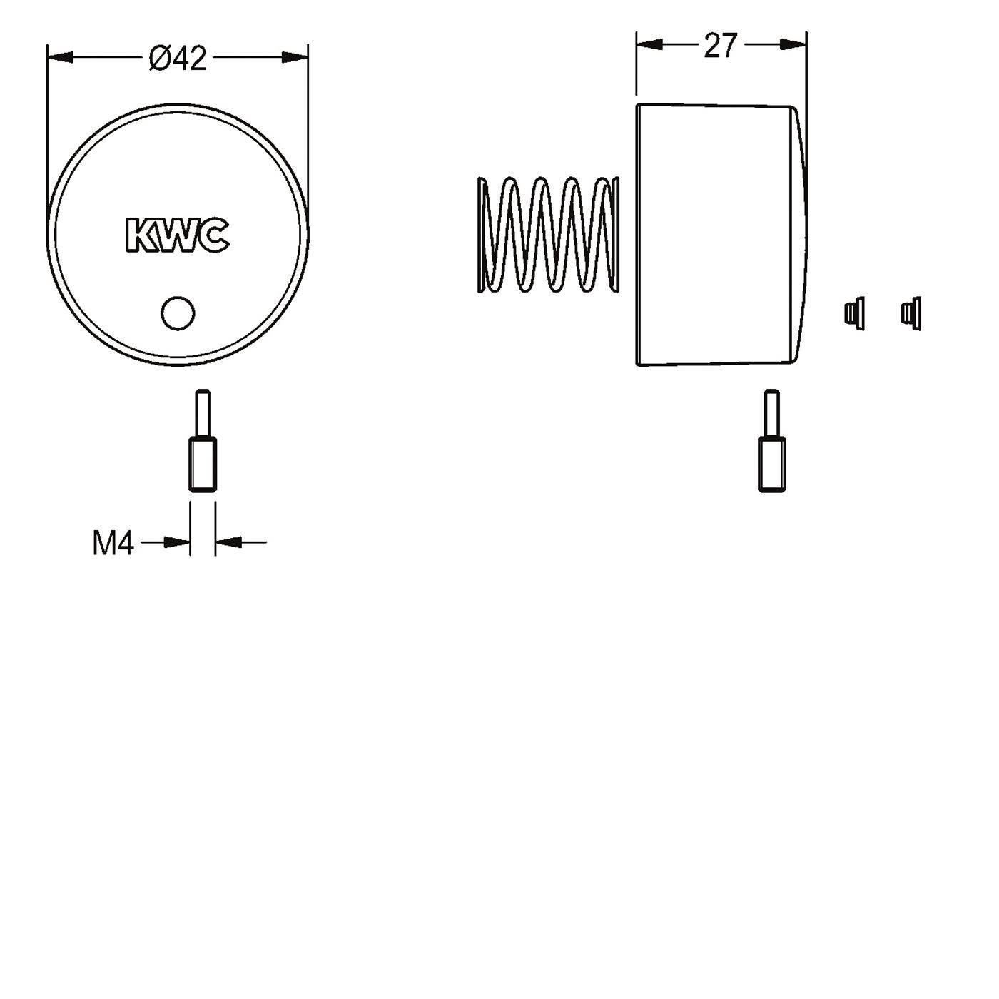 Technische Zeichnung eines runden KWC-Teils mit 42 mm Durchmesser und 27 mm Tiefe, mit M4-Montageschema und seitlichem Federprofil.