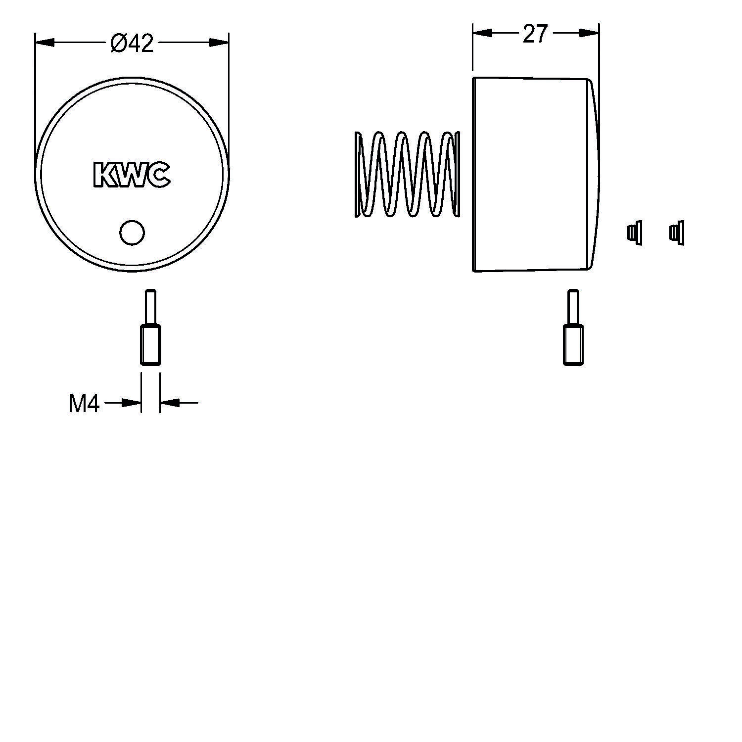 Technische Zeichnung eines KWC Rundknopfs mit Feder und Komponenten. Abmessungen: Ø42 mm und 27 mm Tiefe, mit M4 Schraubbefestigung.