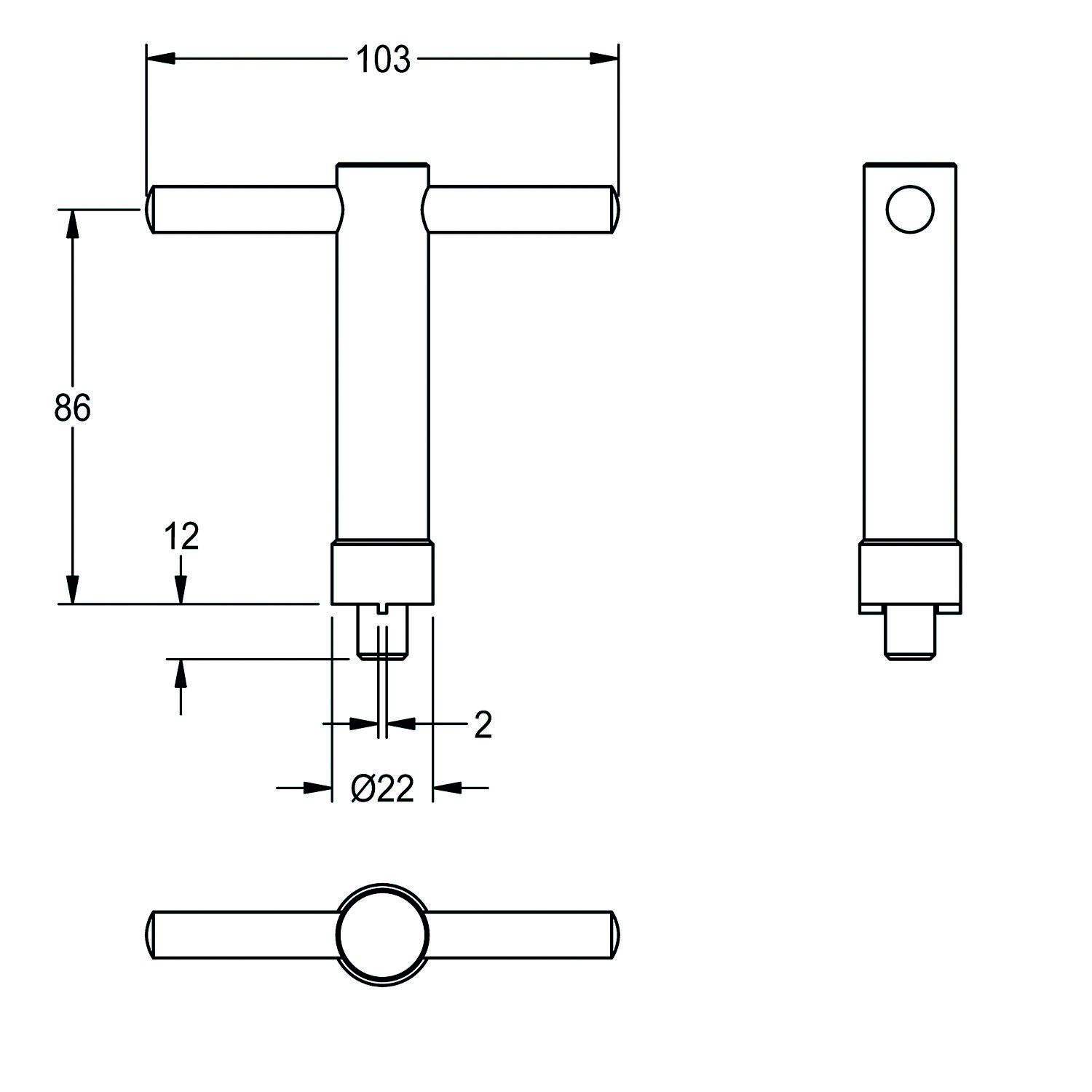 Technische Zeichnung eines T-Griffs, dimensioniert mit 103 mm Breite und 86 mm Höhe, mit einem Schaftdurchmesser von 22 mm.