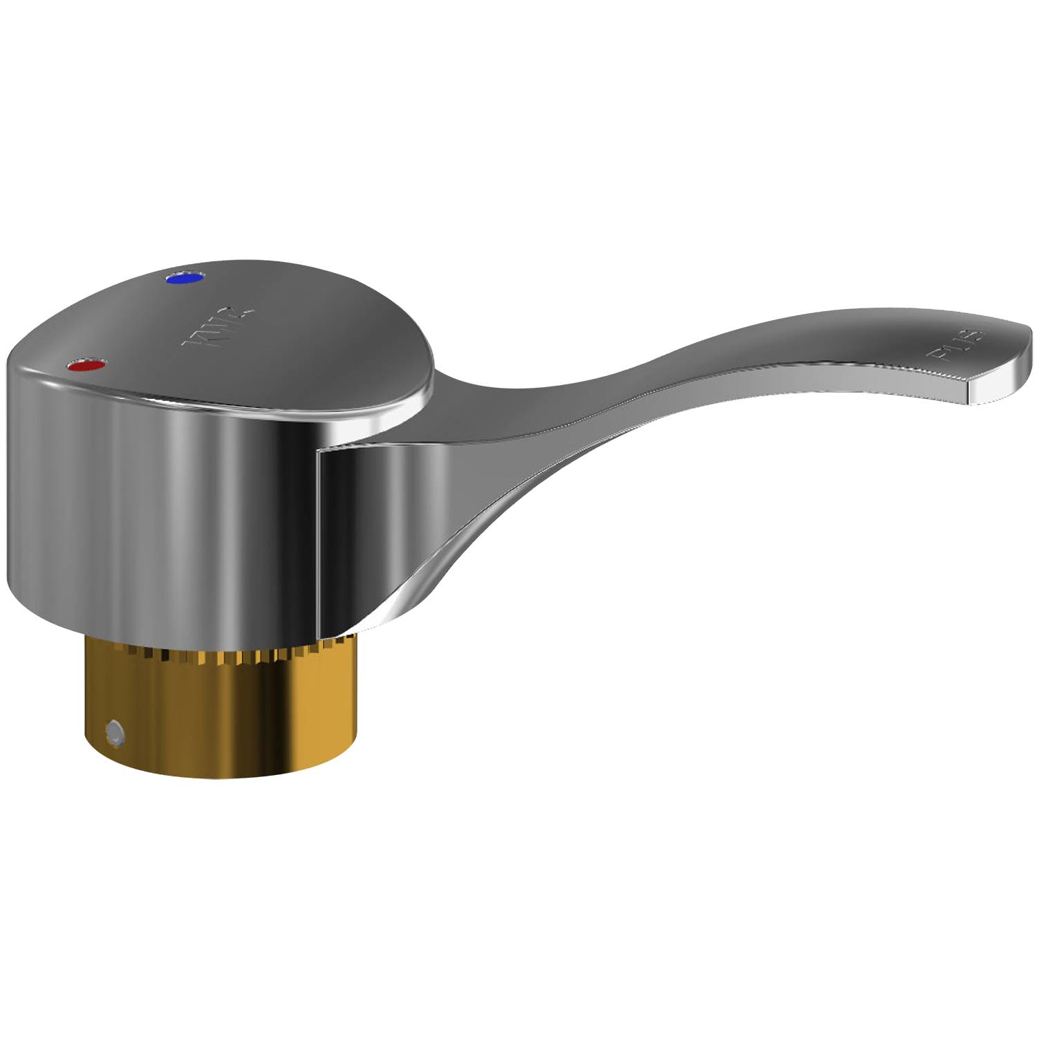Eine elegante metallfarbene Wasserhahn-Armatur mit Hebel-Design, versehen mit roten und blauen Punkten zur Kennzeichnung von heißem und kaltem Wasser.