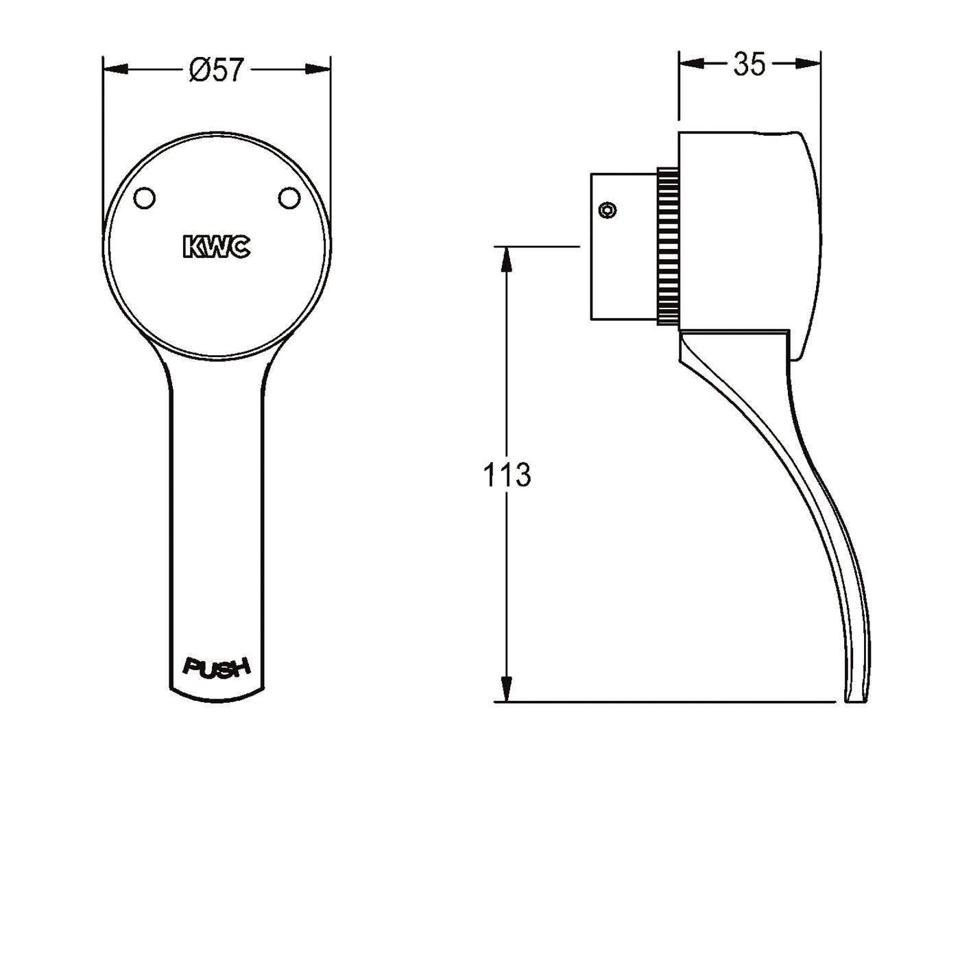 Technische Zeichnung eines KWC-Duschgriffs, Vorder- und Seitenansicht, mit Abmessungen Ø57 mm, 35 mm und 113 mm; 