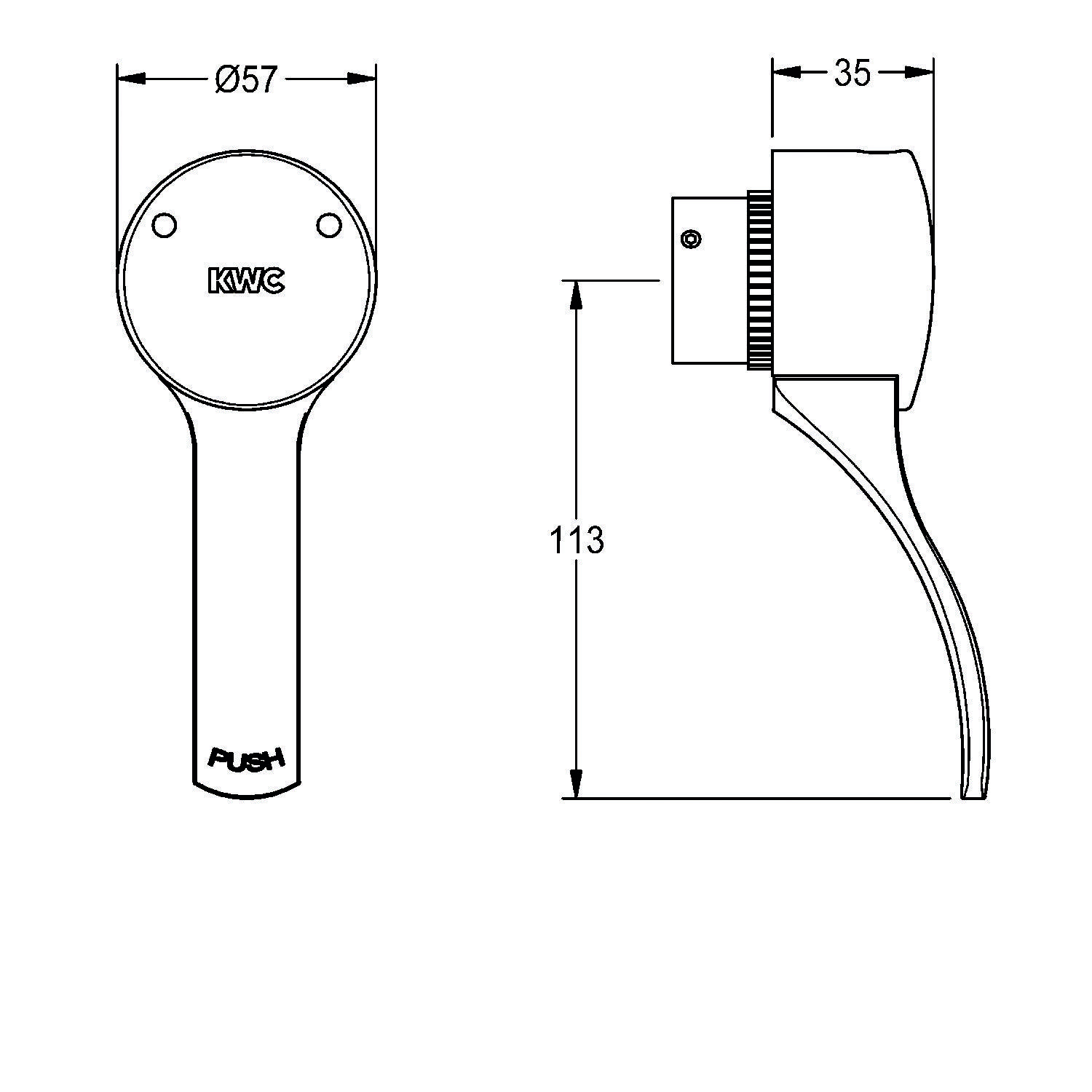 Diagramm eines Wasserhahnarmes mit Maßen: Durchmesser 57 mm, Länge 113 mm und Breite 35 mm. Bezeichnungen umfassen KWC und PUSH.