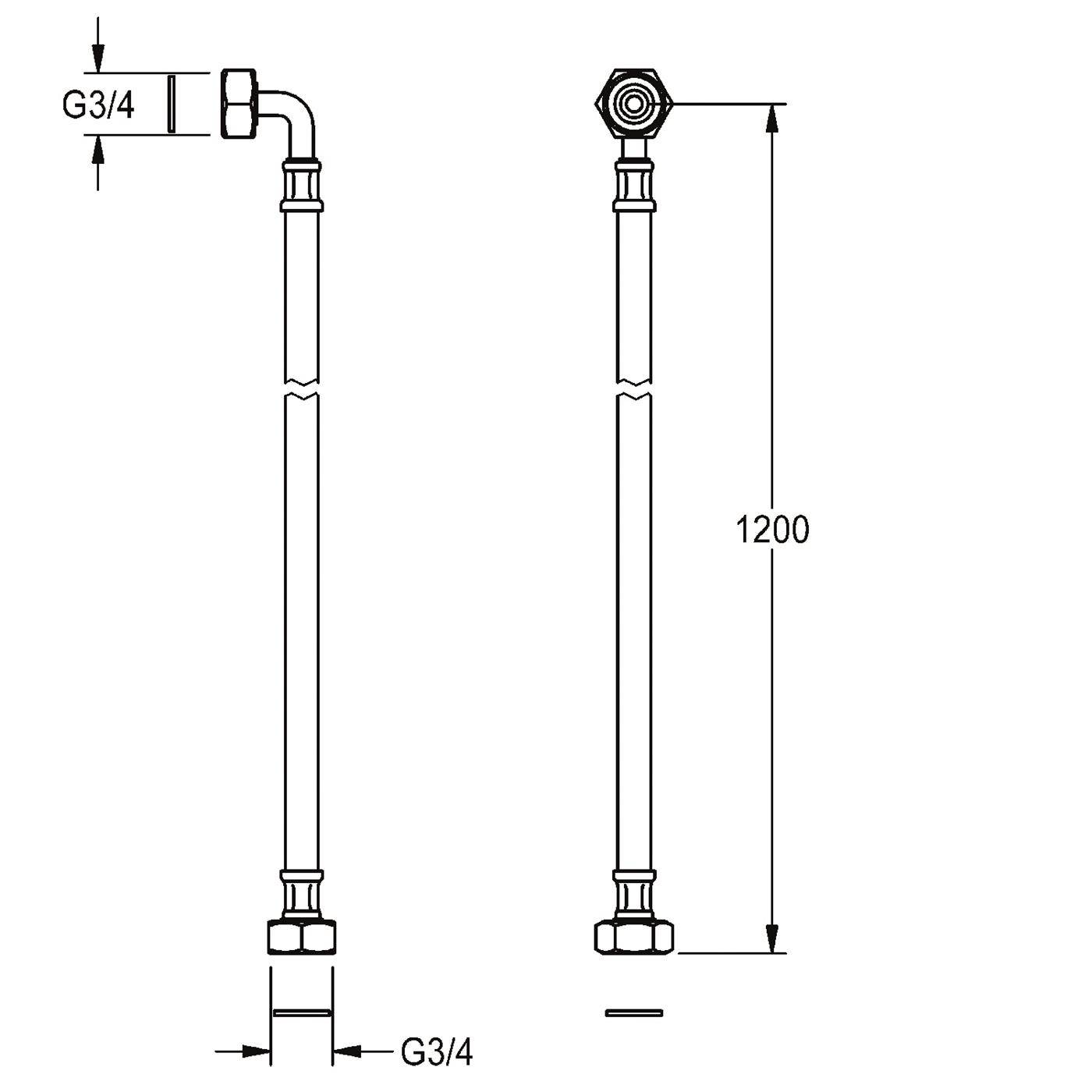 Technische Zeichnung einer G3/4 Schlaucharmatur mit Bogenfitting, mit Gesamtlänge 1200 und G3/4 Anschlüssen.