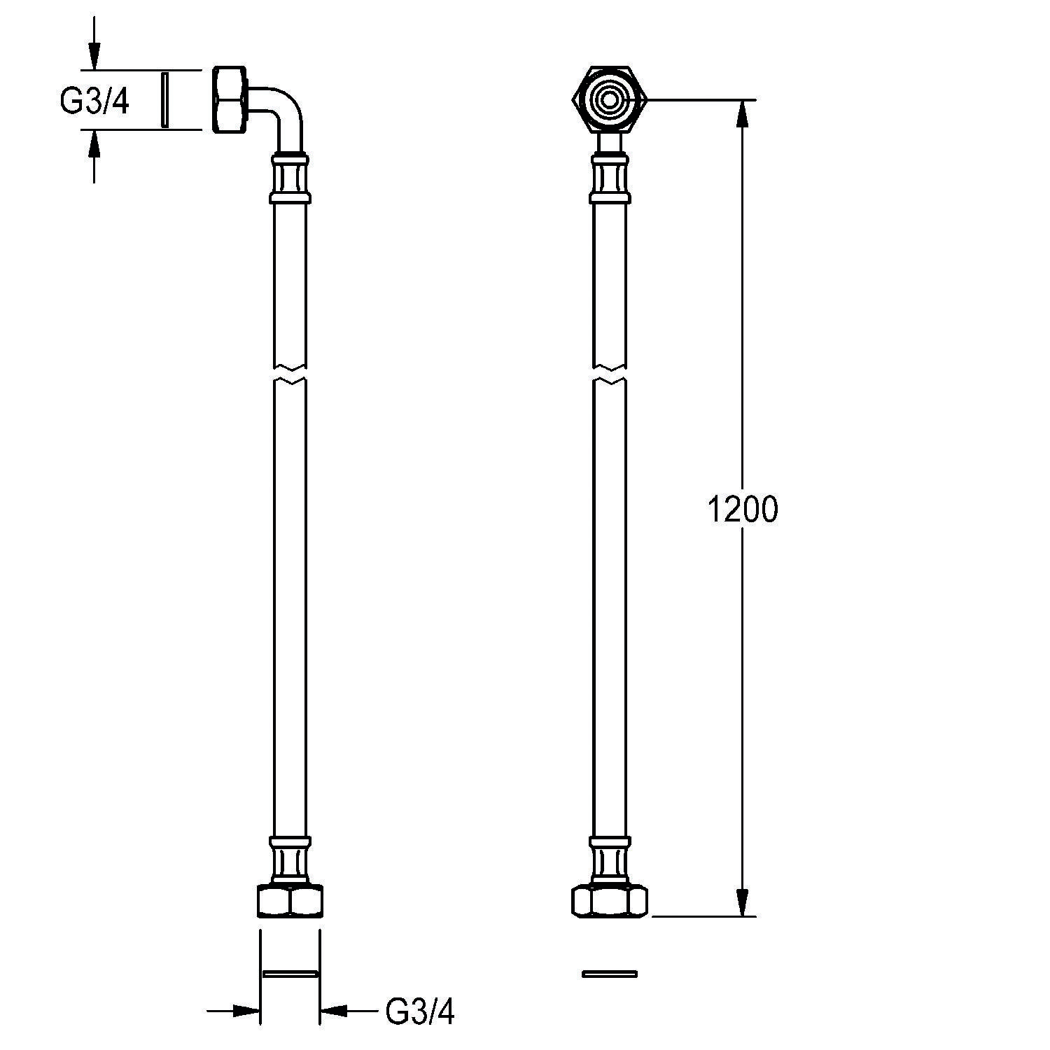 Diagramm einer Rohrkomponente mit Abmessungen: Höhe 1200 mm, Breite G3/4. Details zeigen zwei verschiedene Ansichten des Bauteils.