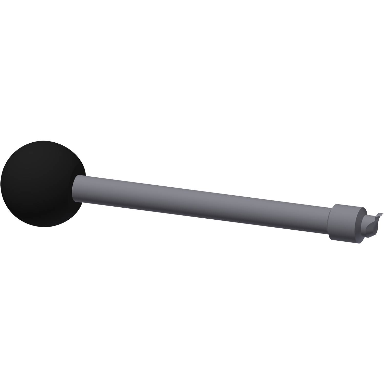 Ein schwarzes kreisförmiges Objekt mit einem langen grauen Griff, das einem klassischen Joystick-Griff oder einer Hebel ähnelt, vor einem einfarbigen dunklen Hintergrund.