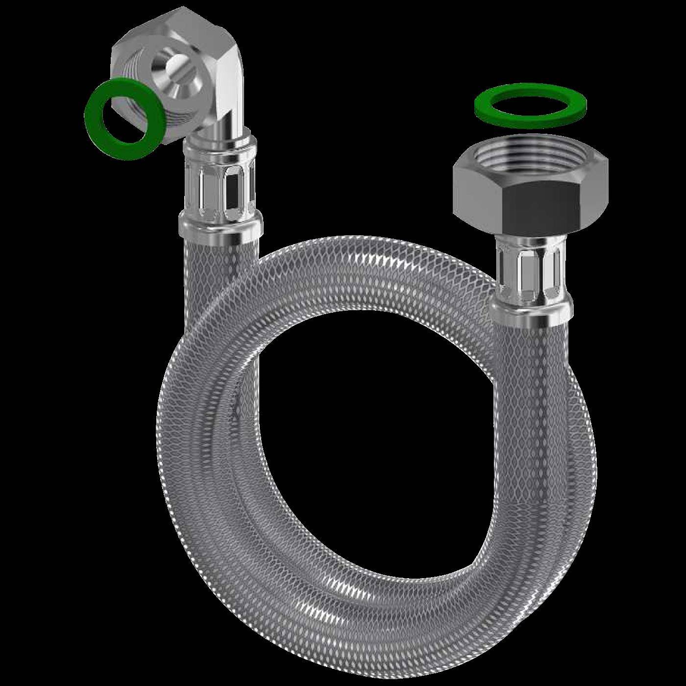 Aufgerollter geflochtener Metall-Wasserzuleitungsschlauch mit zwei Gewinde-Endfittings und grünen Dichtungsringen, gezeigt auf schwarzem Hintergrund.