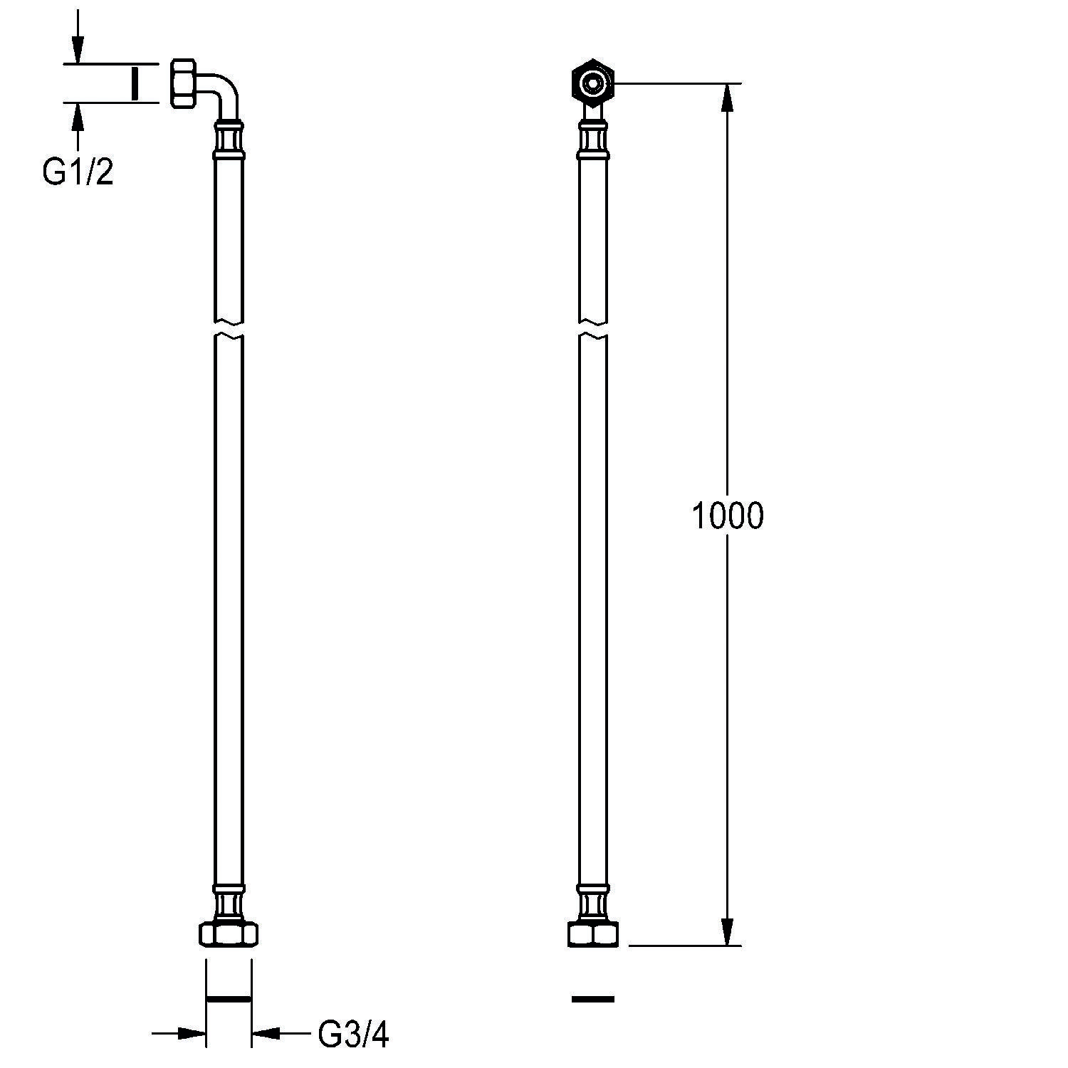 Anschlussdiagramm mit zwei Ansichten eines Rohres: eine Seitenansicht mit einem G1/2-Anschluss, Länge 1000 mm, und einem G3/4-Anschluss an der Basis.