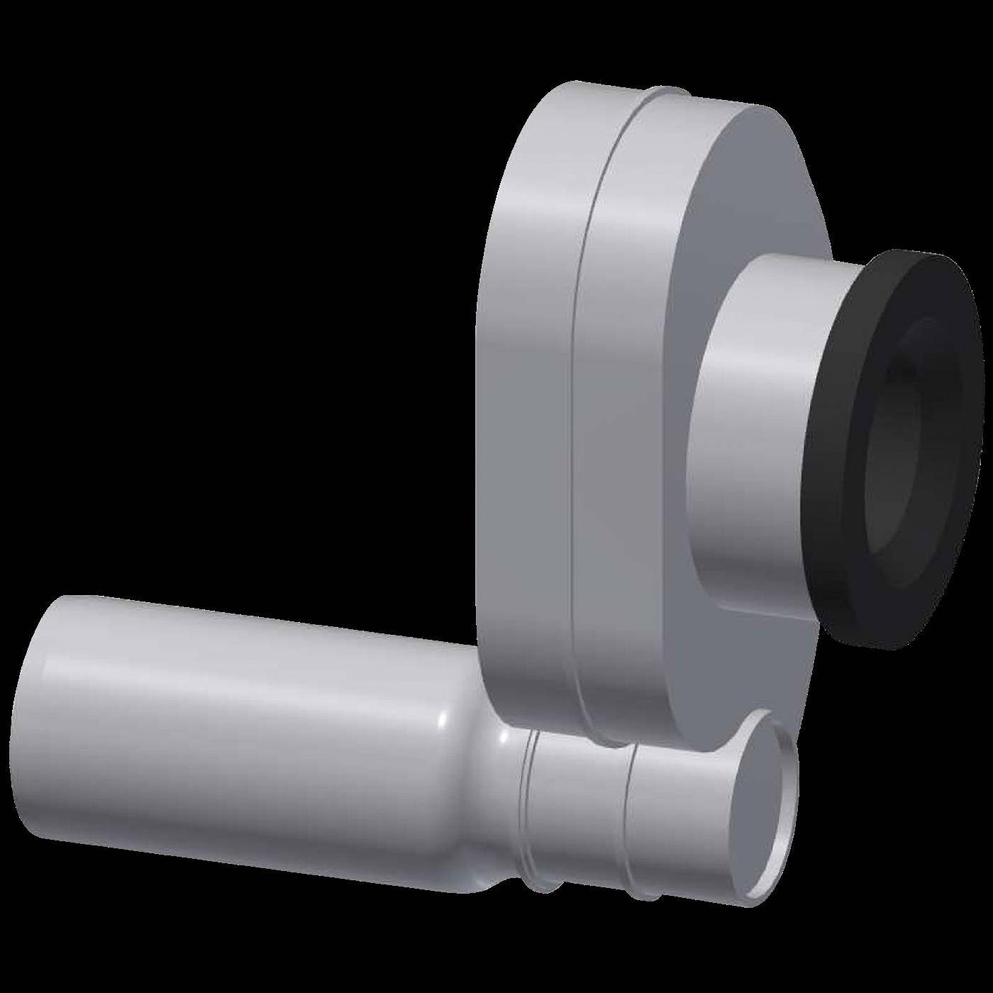 3D-Darstellung einer silbernen mechanischen Rohrverbindung oder eines Ventilsitzes mit seitlich angebrachtem rundem Gehäuse und schwarzer Öffnung auf schwarzem Hintergrund.