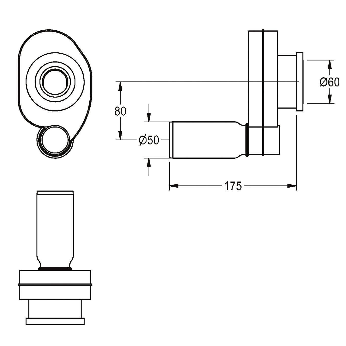 Technische Zeichnung eines mechanischen Bauteils, dargestellt in mehreren Ansichten, mit den Abmessungen 175, 80, Ø50 und Ø60.