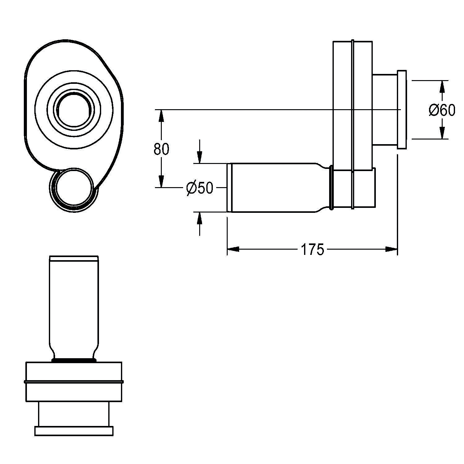 Technische Zeichnung eines mechanischen Bauteils mit drei Ansichten, die Abmessungen zeigen: 175 mm Länge, 80 mm Höhe, mit 60 mm und 50 mm Durchmessern.