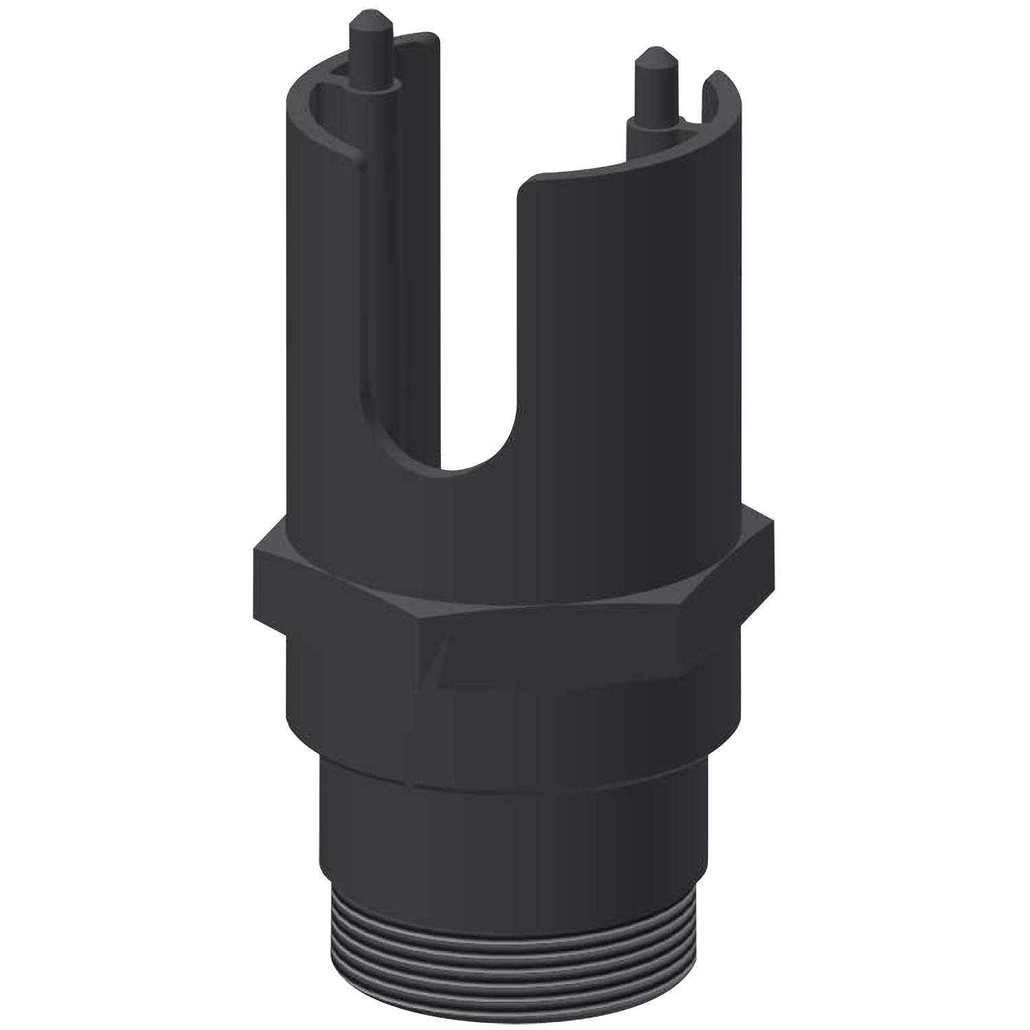 Ein schwarzes, zylindrisches mechanisches Teil mit einem Gewindegewinde am Boden und offenen Schlitzen an der Oberseite, höchstwahrscheinlich für industrielle oder mechanische Anwendungen verwendet.