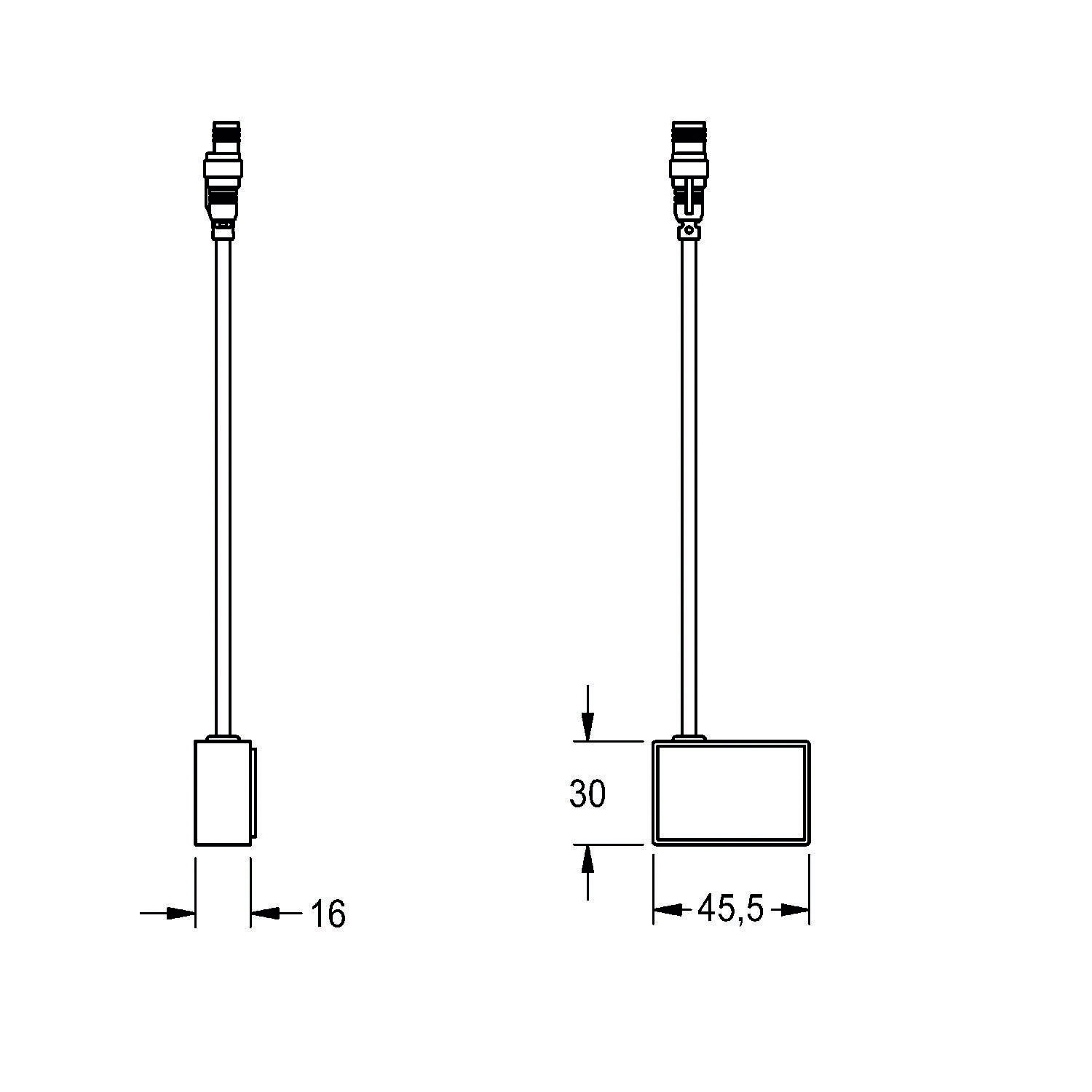 Diagramm einer Kabelanordnung mit Maßangaben: 16 mm Breite, 30 mm und 45,5 mm Länge zwischen Komponenten. Komponenten im Profil dargestellt.