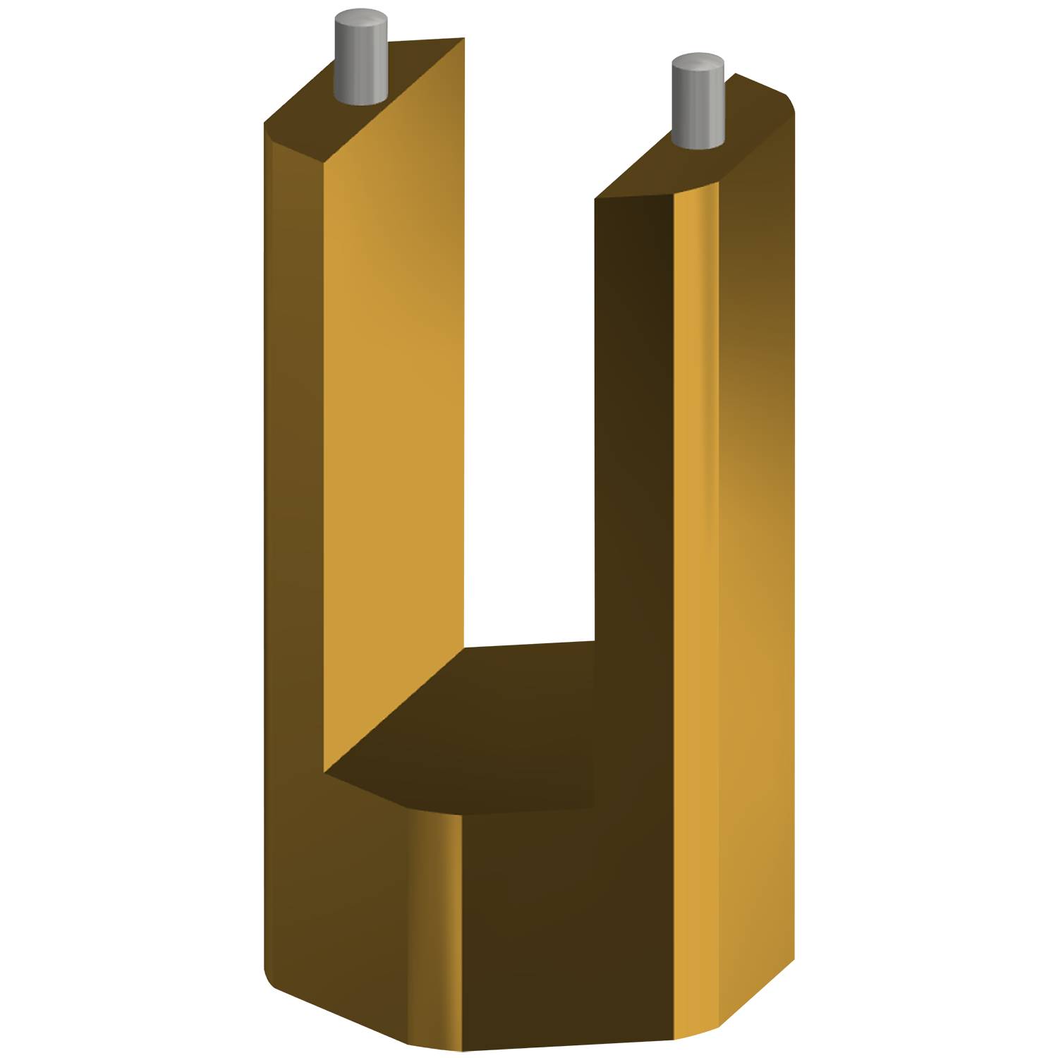 Ein 3D-Modell einer U-förmigen Struktur mit vertikalen Seitenwänden, zwei zylindrischen Obenaufsätzen und einer flachen Basis in Goldfarbe.