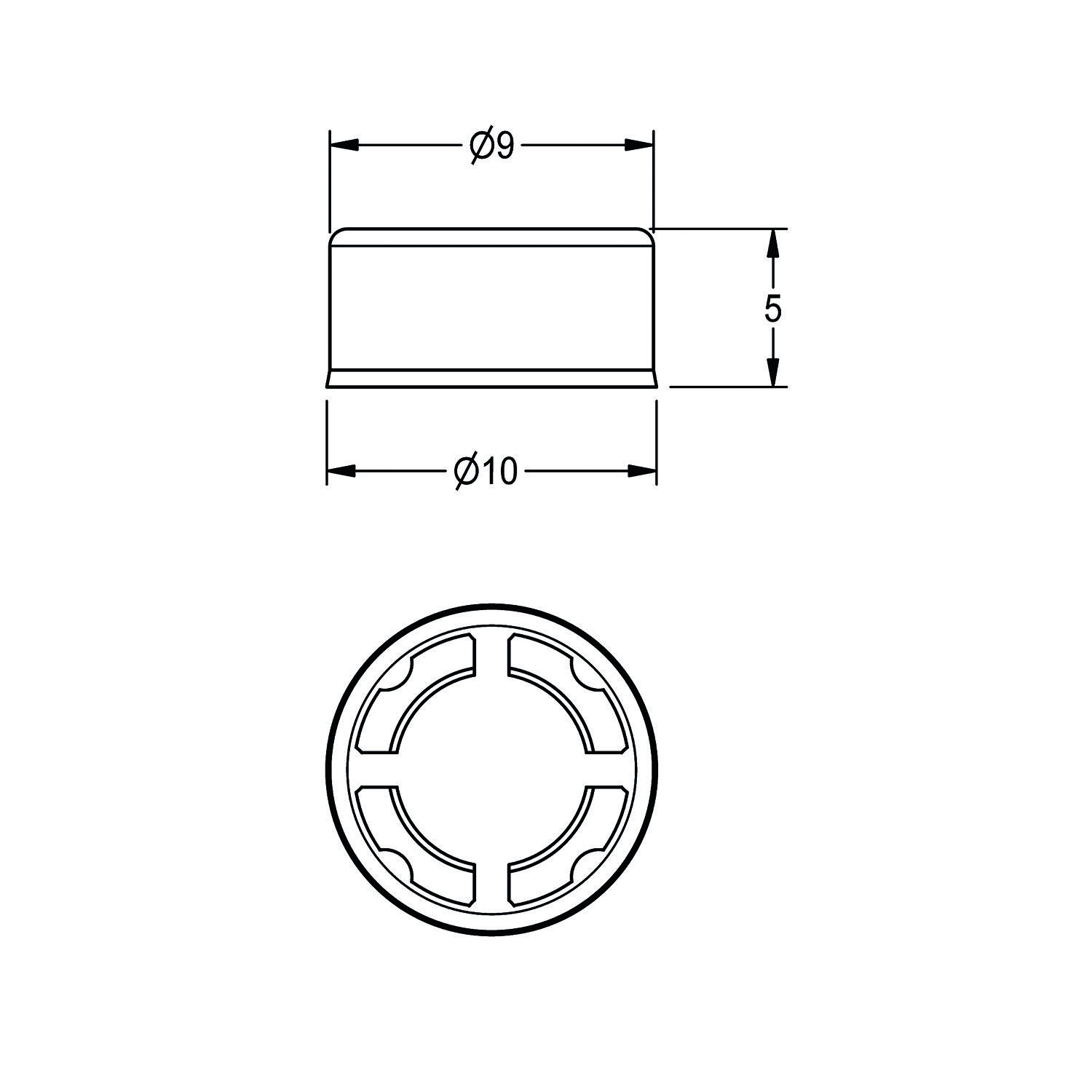 Technische Zeichnung eines zylindrischen Bauteils mit Abmessungen: 9 mm Durchmesser, 5 mm Höhe und 10 mm Durchmesser an der Basis; Bodenansicht zeigt die interne Struktur.