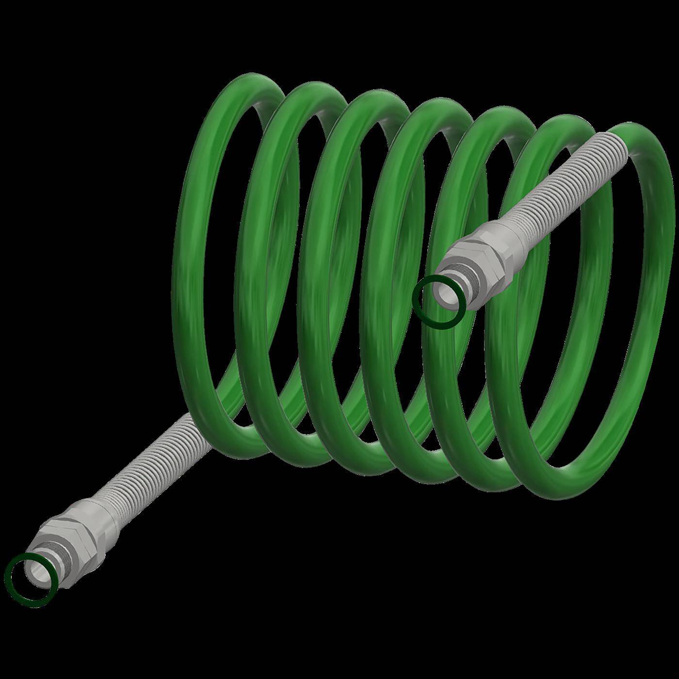 Grüne spiralförmige Spiralfeder mit metallischen Gewinde-Enden auf schwarzem Hintergrund.
