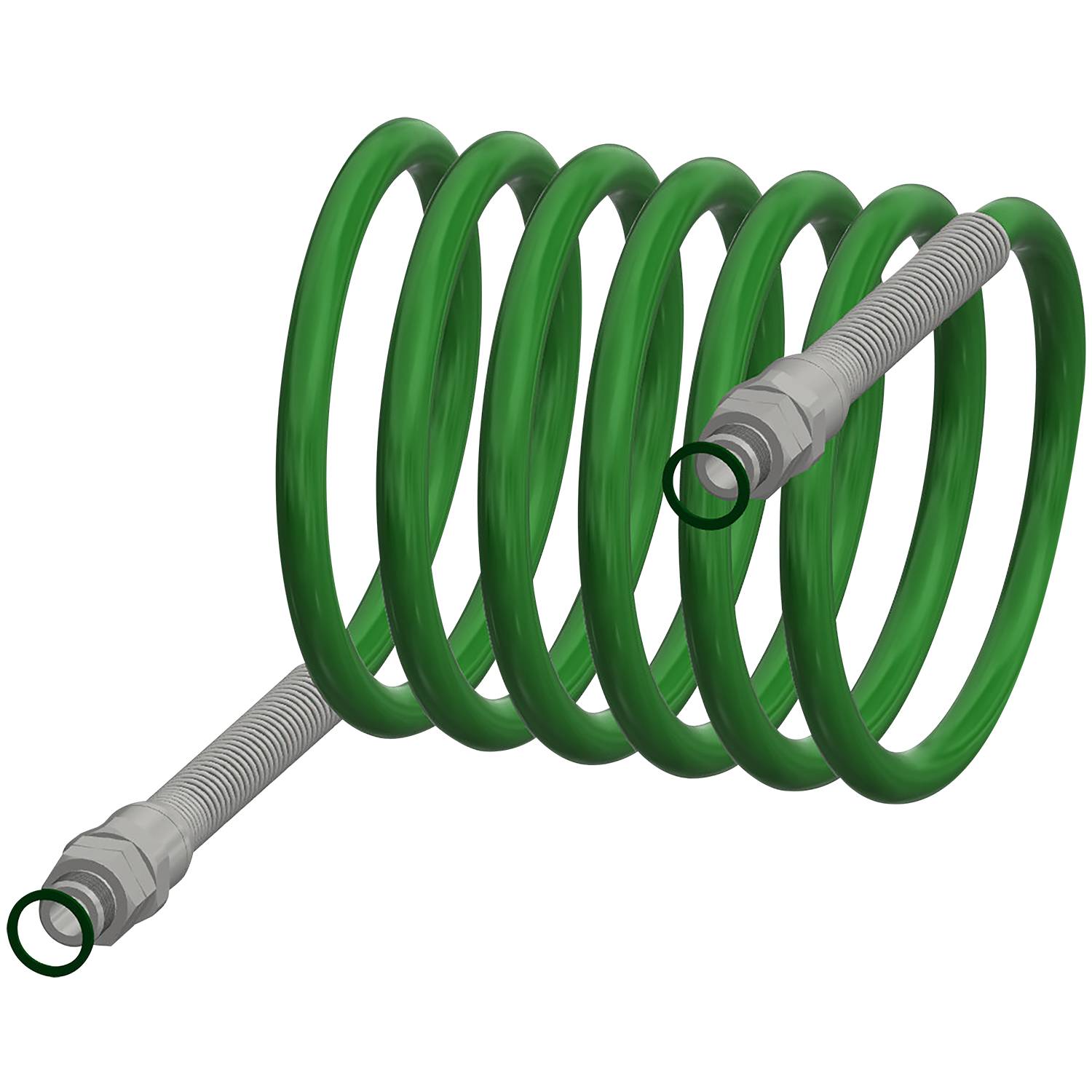Ein grüner aufgerollter Schlauch mit Metallverbindern an beiden Enden vor einem schwarzen Hintergrund.