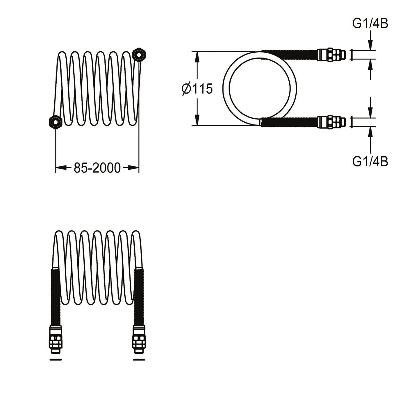 Technische Zeichnung eines aufgerollten Schlauchs mit Abmessungen: verstellbare Länge 85–2000, Durchmesser 115 und G1/4B-Anschlüsse an beiden Enden.