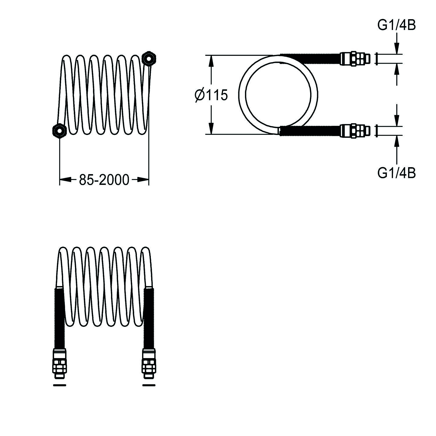 Diagramm einer gewickelten Rohrleitung mit einer Länge von 85-2000 Einheiten, einem Durchmesser von 115 Einheiten und G1/4B-Anschlüssen an beiden Enden.