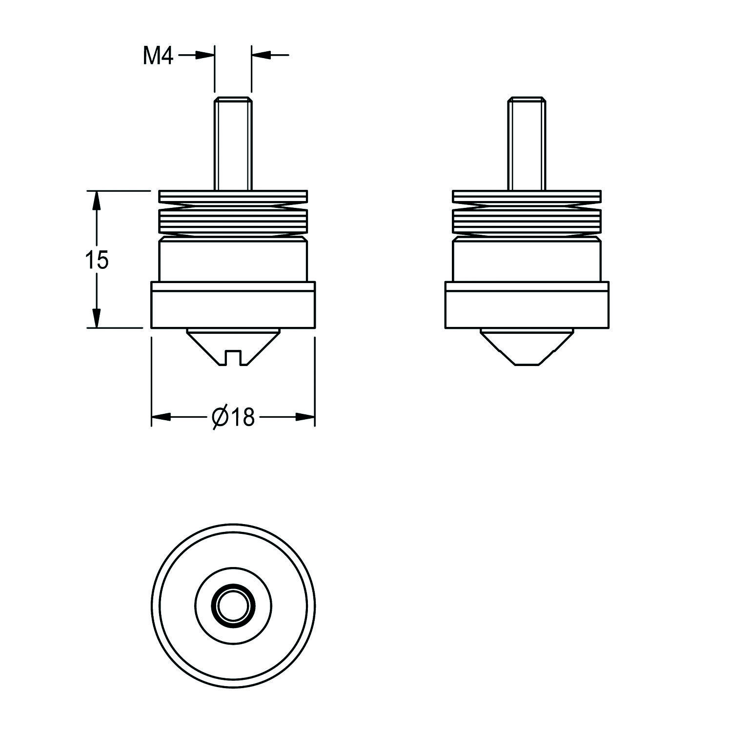 Technische Zeichnung einer zylindrischen Komponente: Draufsicht, Seitenansicht und Unteransicht. Maße: M4, Höhe 15 mm, Durchmesser 18 mm.