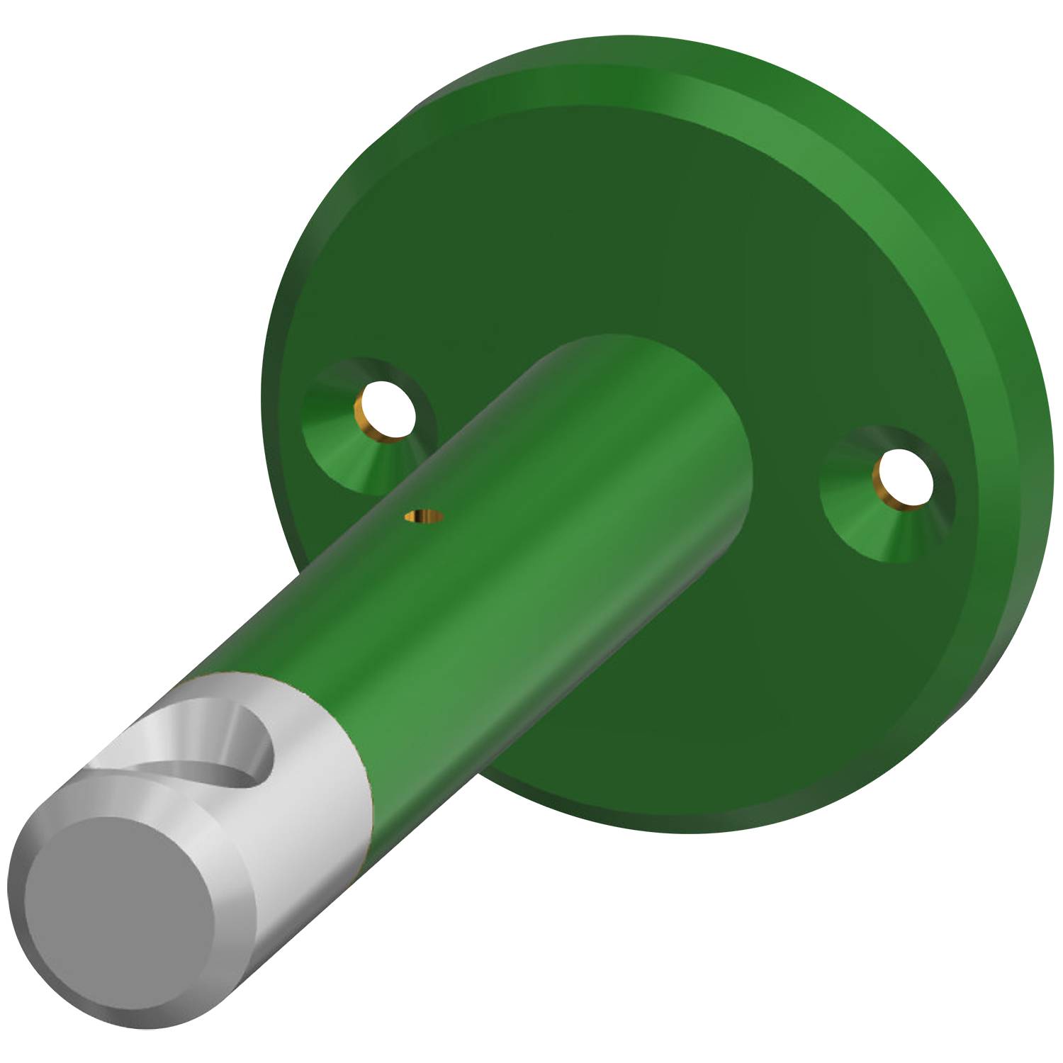 Eine grüne, zylindrische mechanische Komponente mit einer Metalltspitze und zwei Befestigungslöchern für die Anbringung, wahrscheinlich für Maschinen- oder Ingenieuranwendungen verwendet.