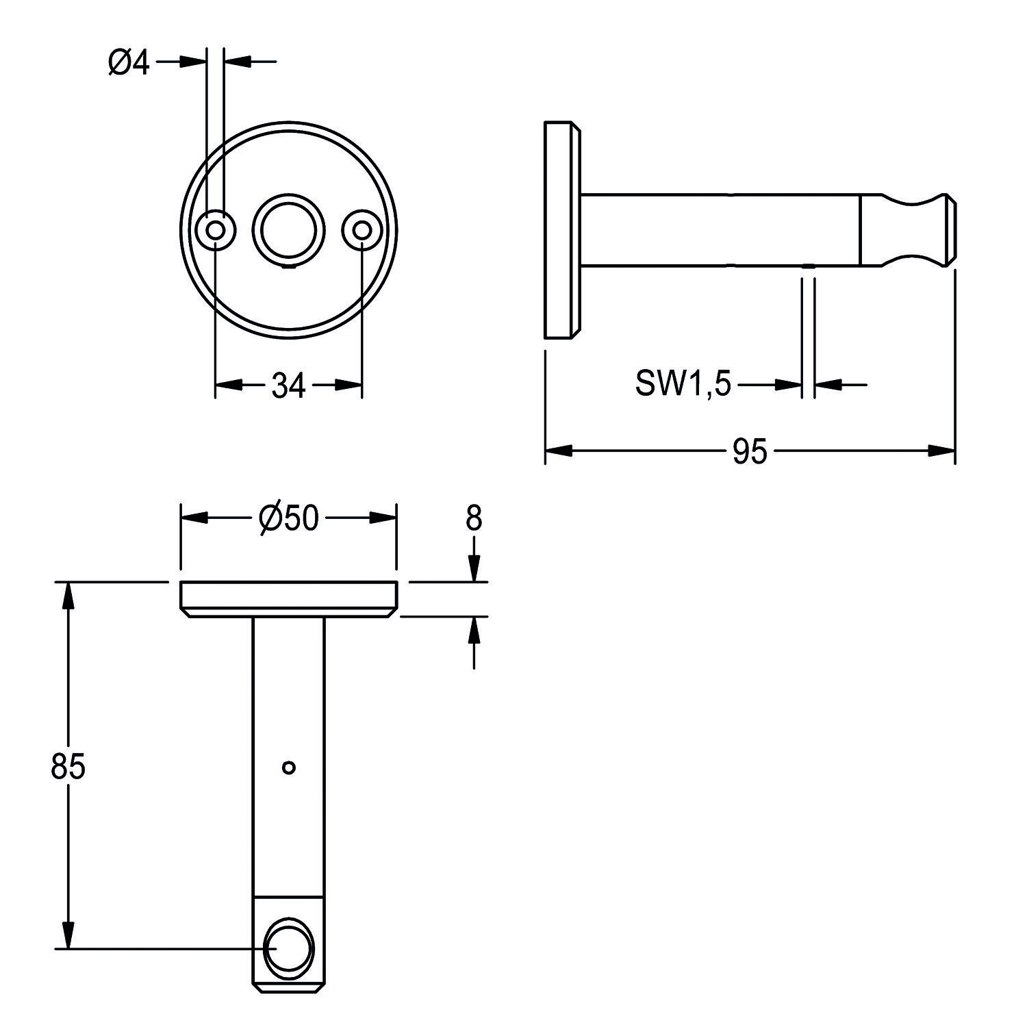 Technische Zeichnung einer Wandhalterung mit Abmessungen: 85 mm Höhe, 95 mm Länge, Ø50 mm Plattenduchmesser, Ø4 mm Schraubenlöcher.